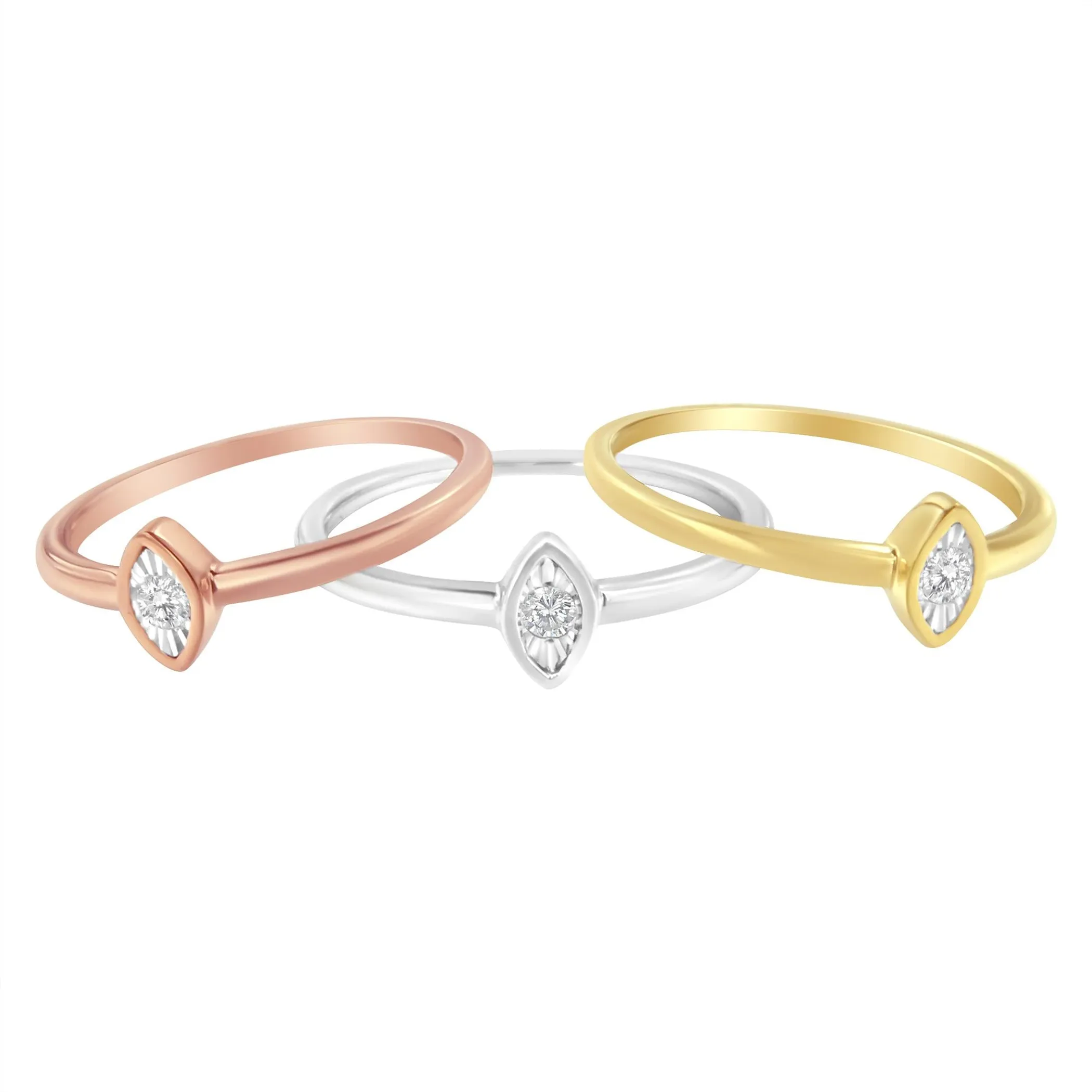 14K Gold Plated .925 Sterling Silver 1/6 Cttw Diamond Marquise Shaped Stackable Promise Ring Set (J-K Color, I1-I2 Clarity)