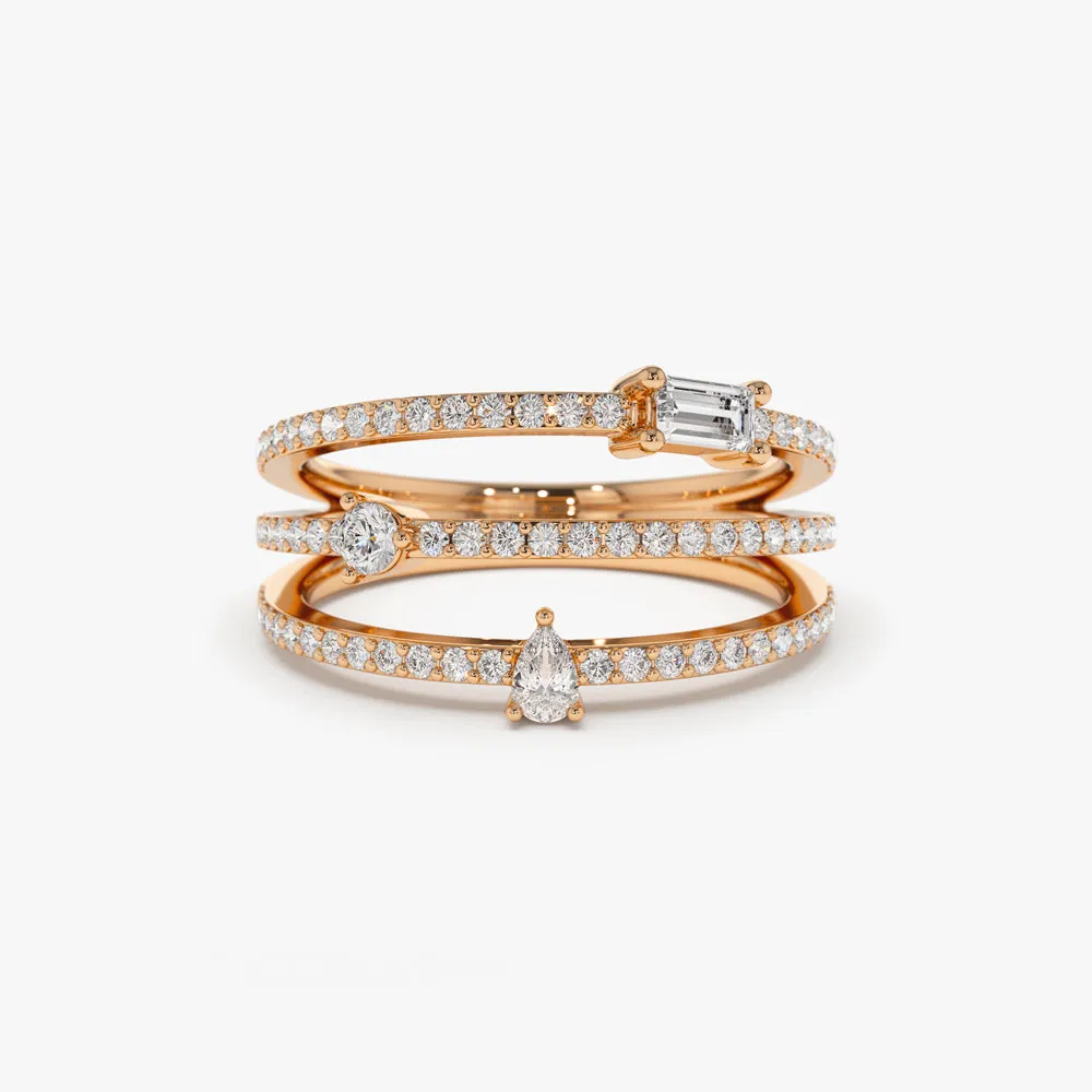 14k Gold Triple Row Mix Diamond Statement Ring