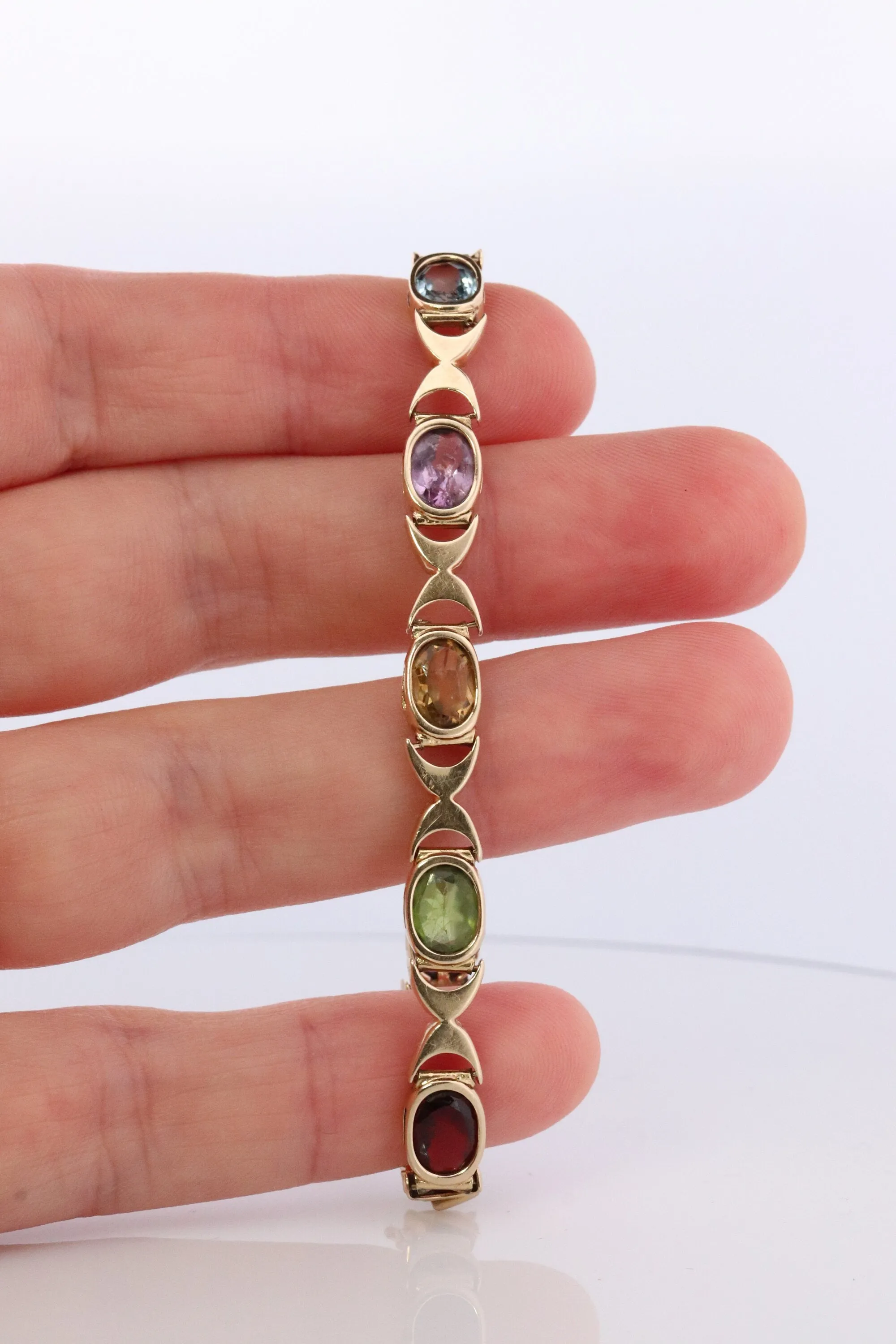 14k Multi-Color Gem XOXO Chain Bracelet.  14k Chain Bezel Bracelet. Citrine Amethyst Garnet Peridot