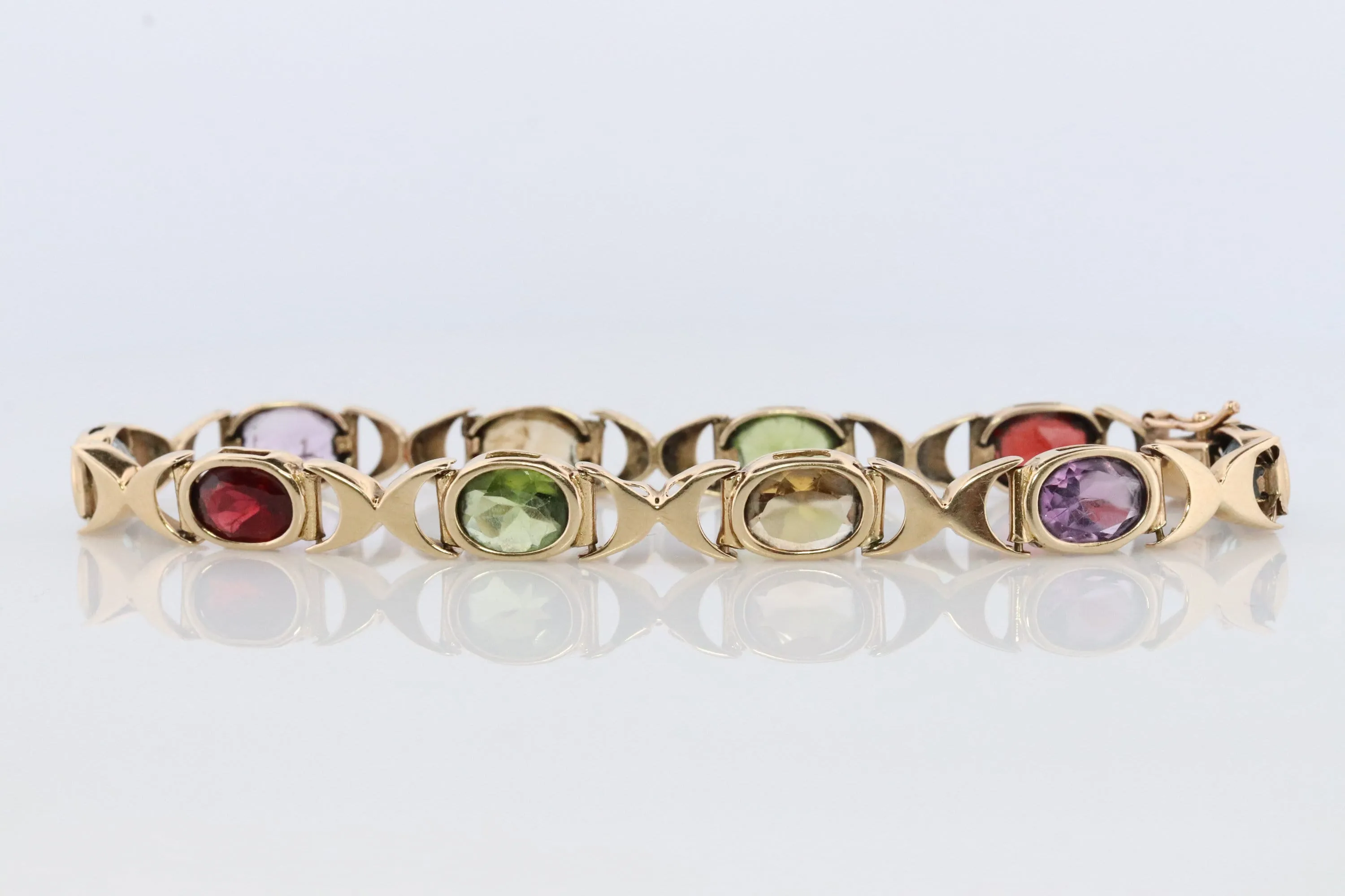 14k Multi-Color Gem XOXO Chain Bracelet.  14k Chain Bezel Bracelet. Citrine Amethyst Garnet Peridot