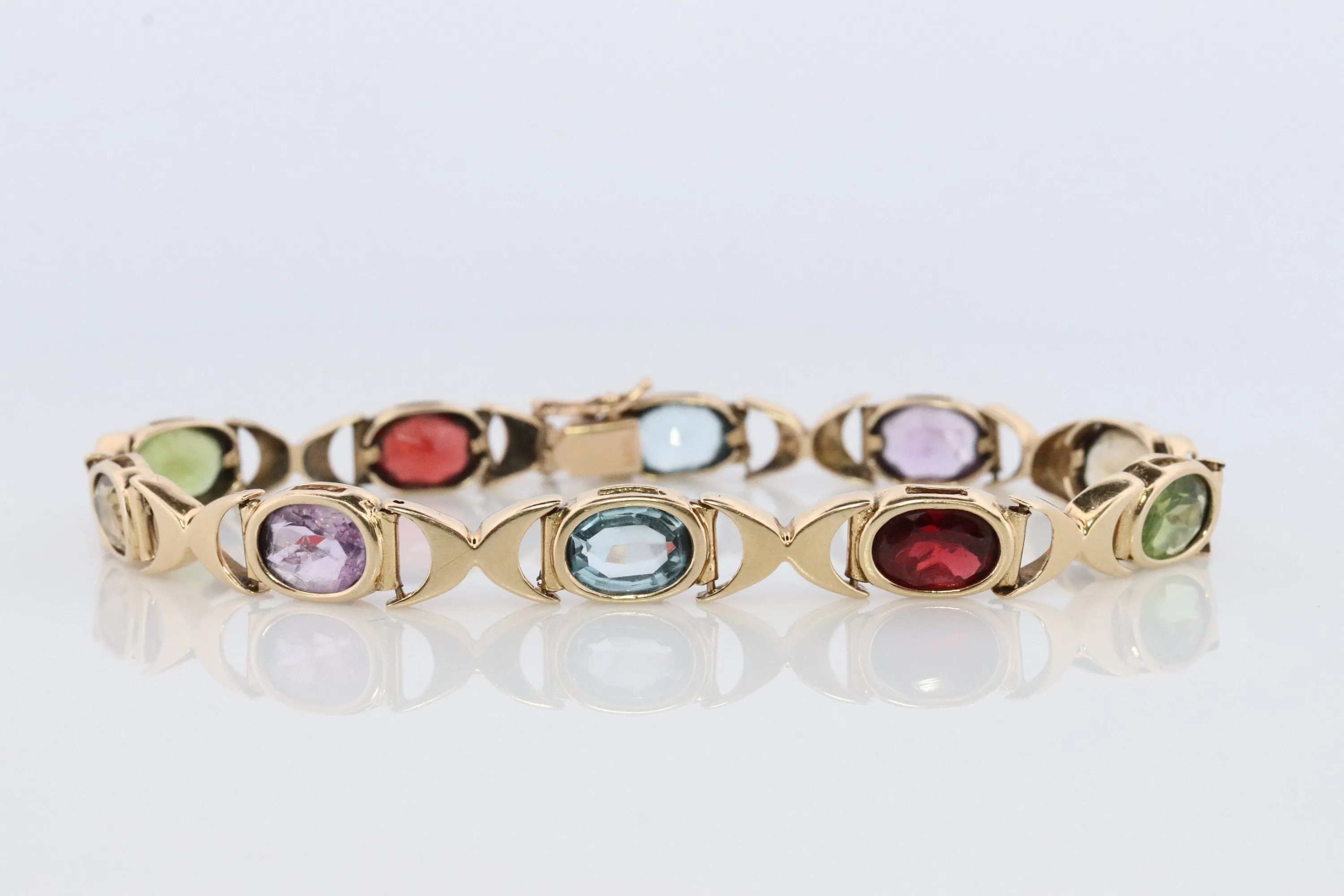 14k Multi-Color Gem XOXO Chain Bracelet.  14k Chain Bezel Bracelet. Citrine Amethyst Garnet Peridot