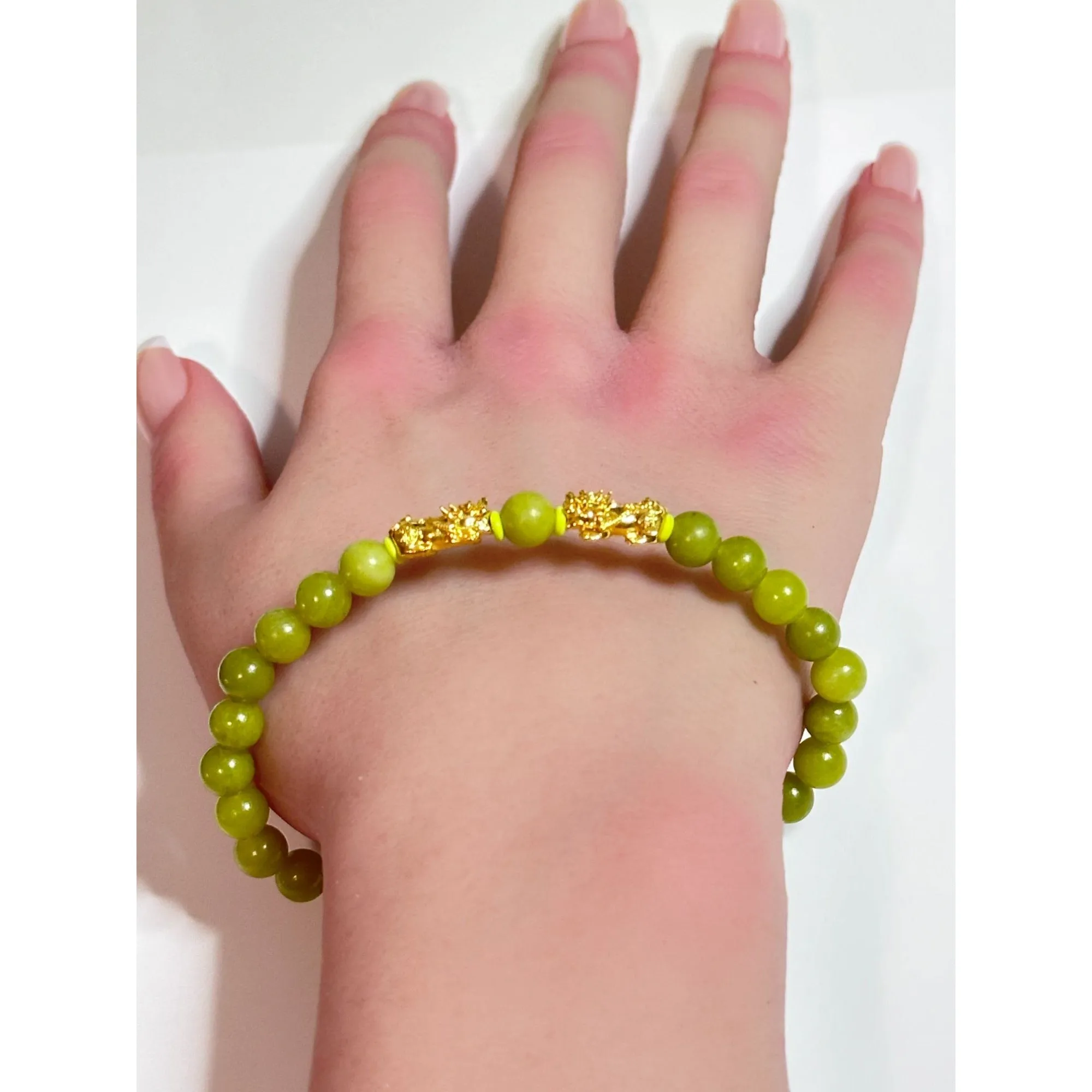 18K Gold Pixiu Piyao Lucky Charm Bracelet Gemstones August Birthstones Peridot 6mm Size 7.25"