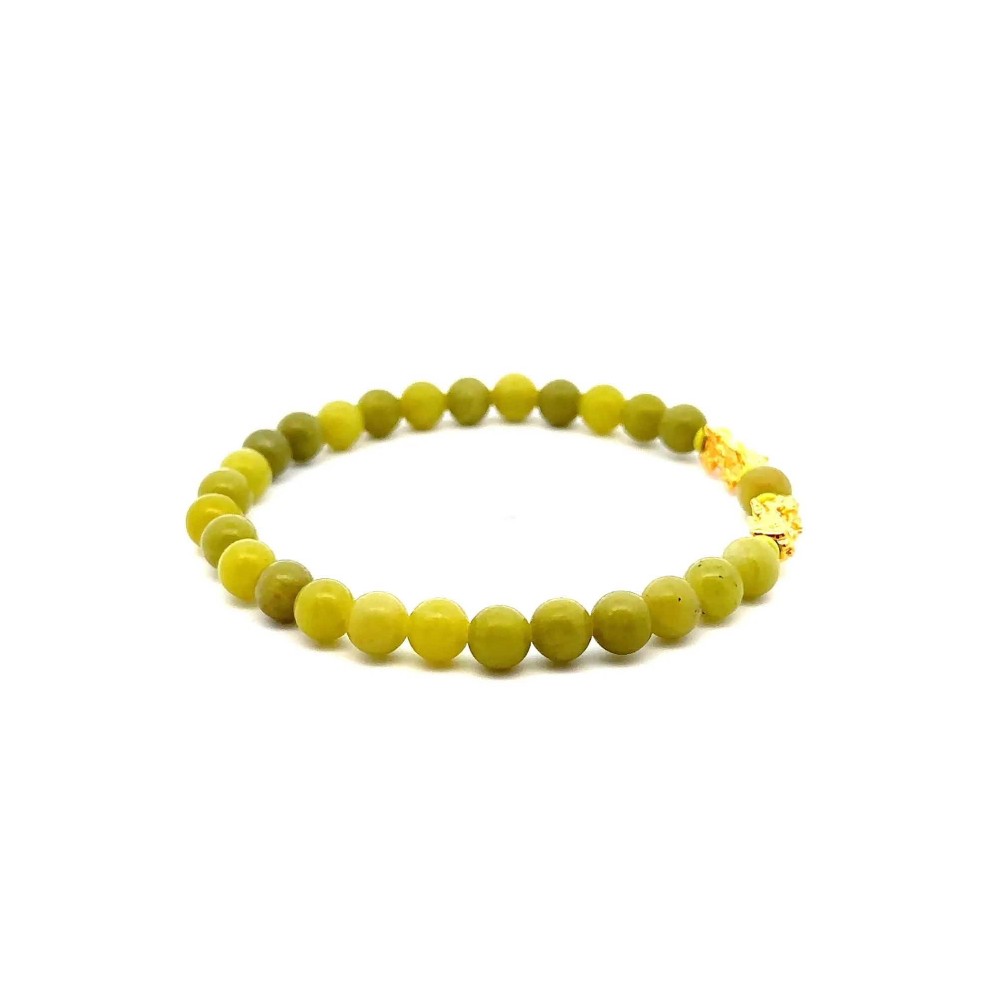 18K Gold Pixiu Piyao Lucky Charm Bracelet Gemstones August Birthstones Peridot 6mm Size 7.25"