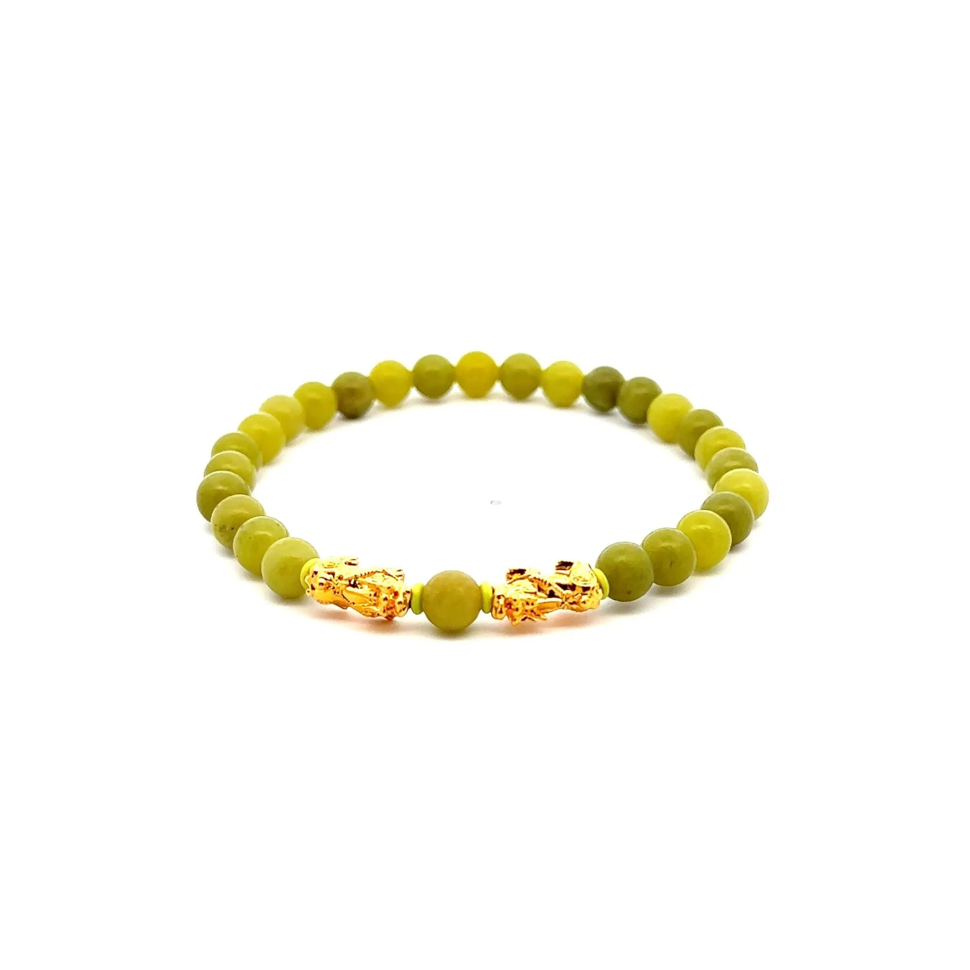 18K Gold Pixiu Piyao Lucky Charm Bracelet Gemstones August Birthstones Peridot 6mm Size 7.25"