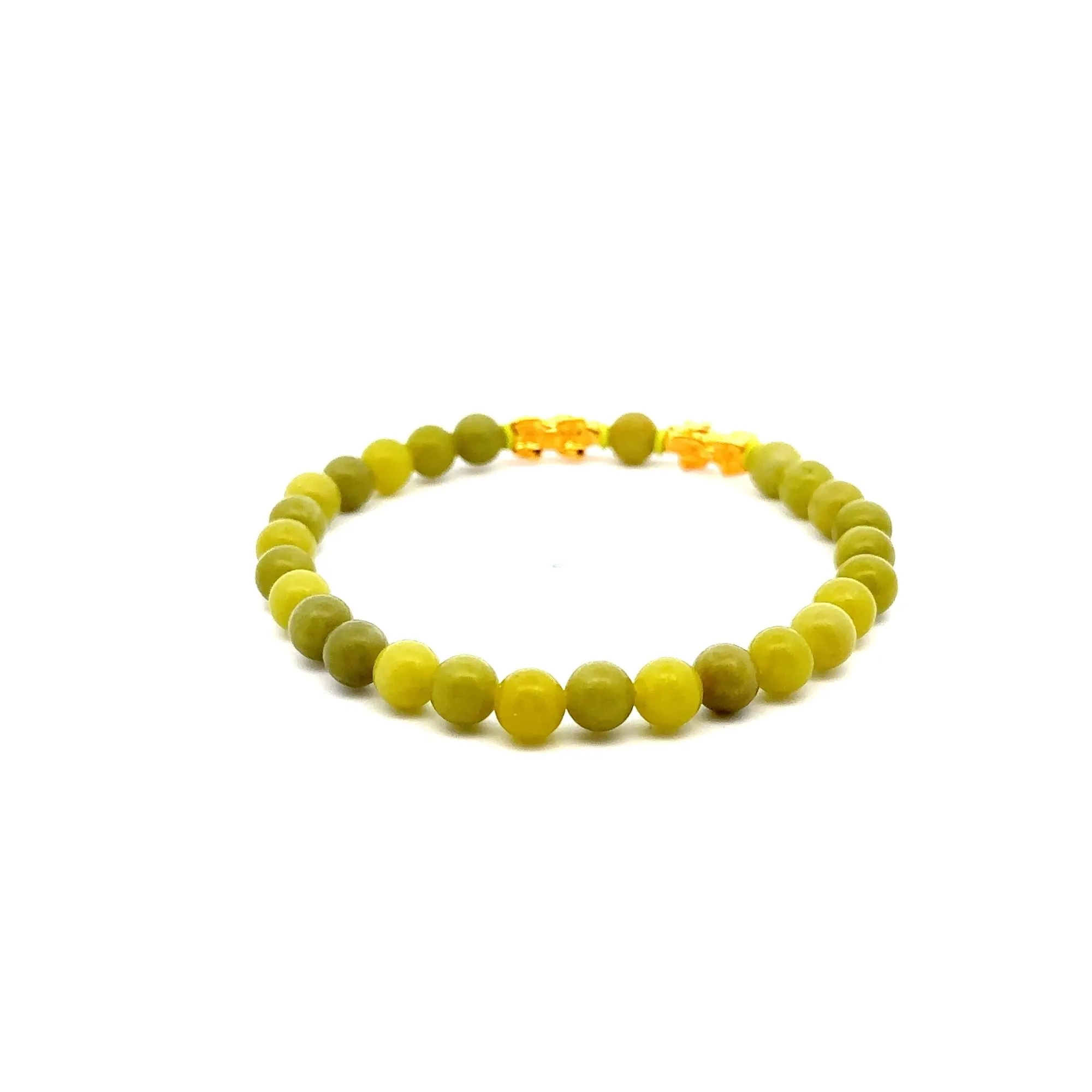 18K Gold Pixiu Piyao Lucky Charm Bracelet Gemstones August Birthstones Peridot 6mm Size 7.25"