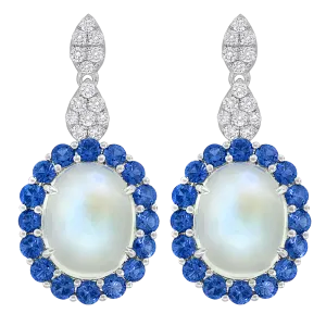 18K White Moonstone, Sapphire and Natural Diamond Drop Earrings