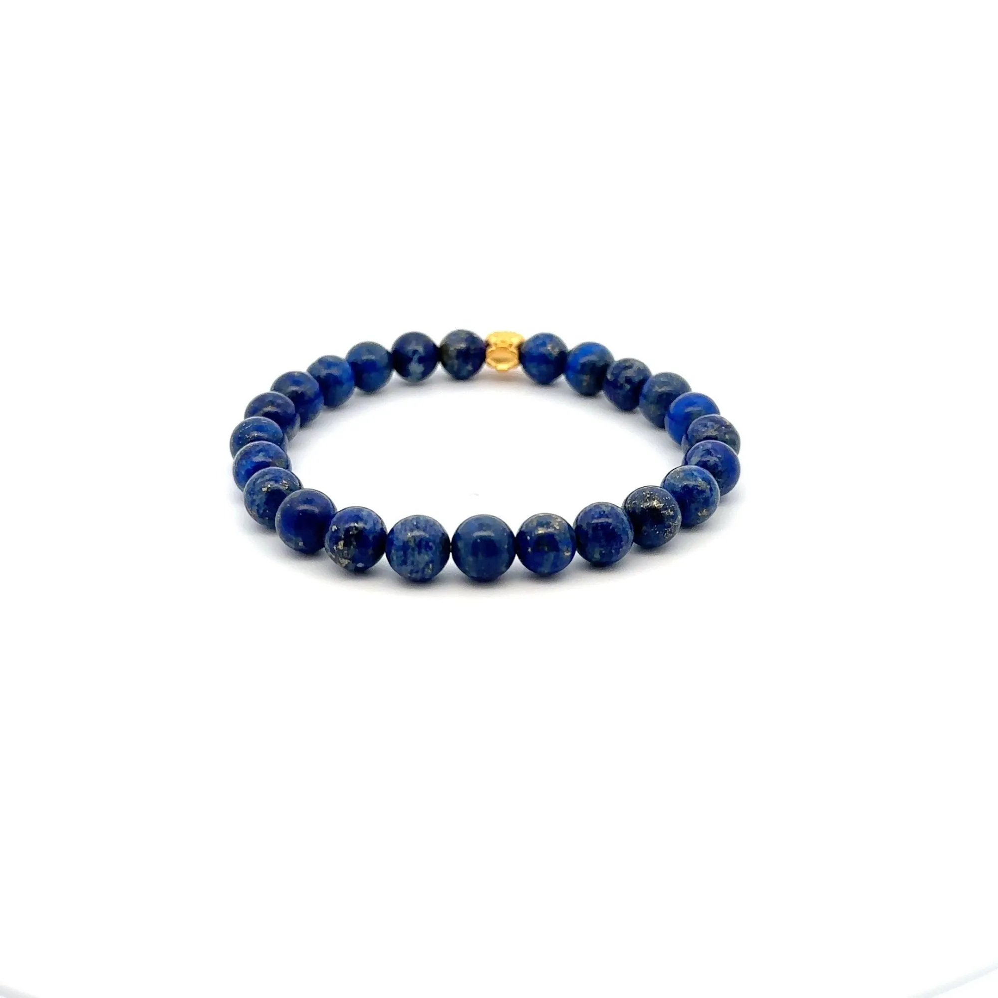 24K Gold Money Bag Lucky Charm Stretchable Bracelet Gemstones Natural Lapis Lazuli 8mm Size 7"