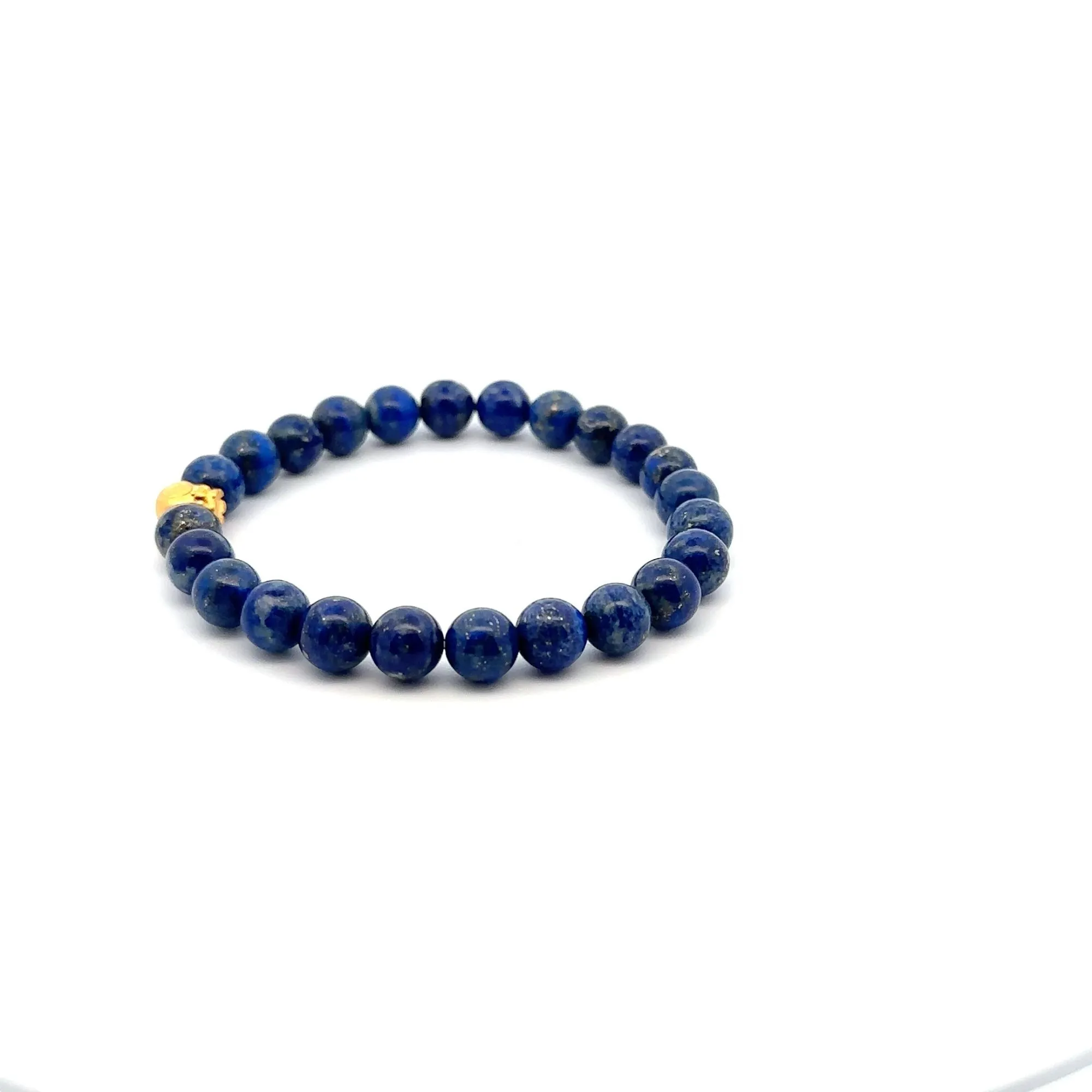 24K Gold Money Bag Lucky Charm Stretchable Bracelet Gemstones Natural Lapis Lazuli 8mm Size 7"