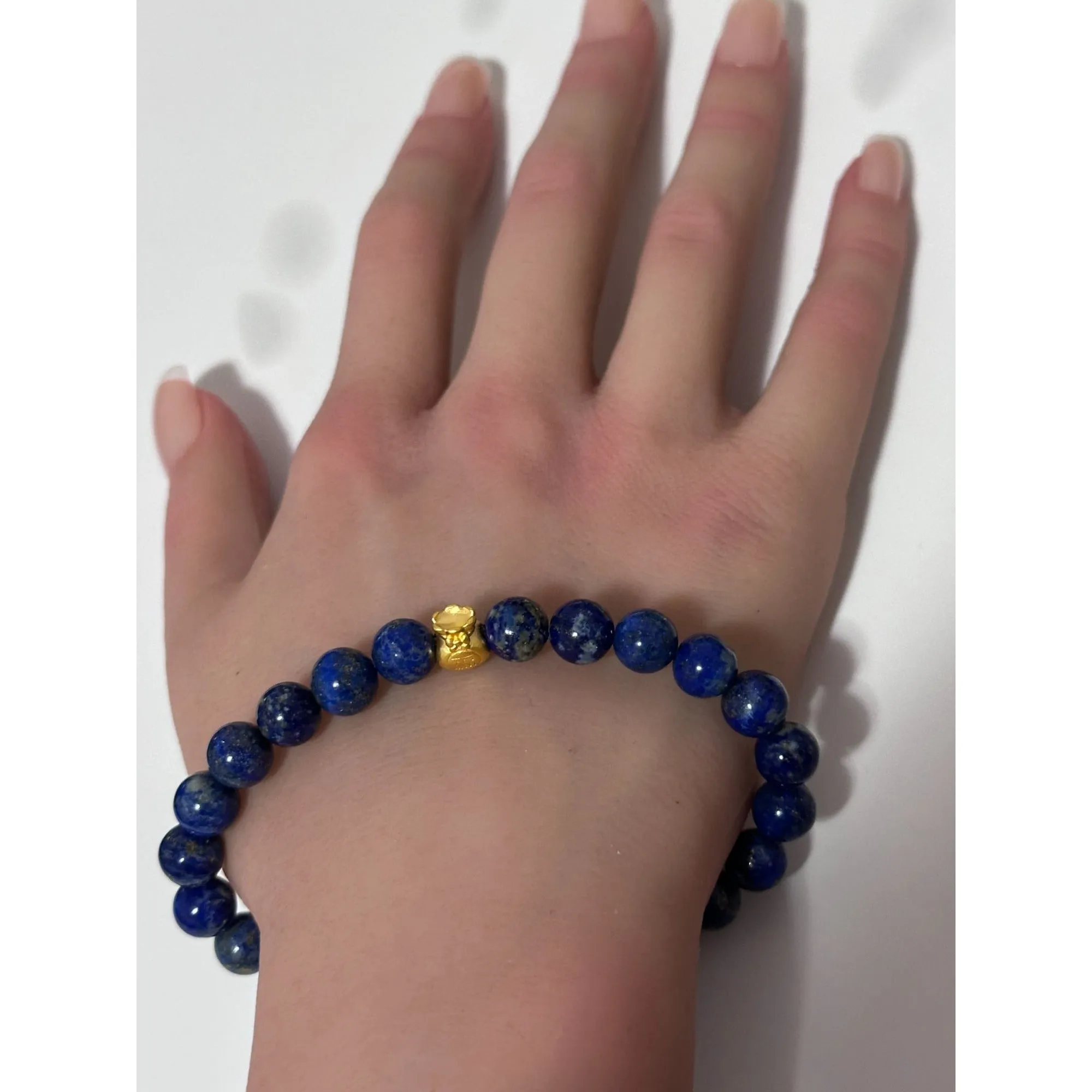 24K Gold Money Bag Lucky Charm Stretchable Bracelet Gemstones Natural Lapis Lazuli 8mm Size 7"