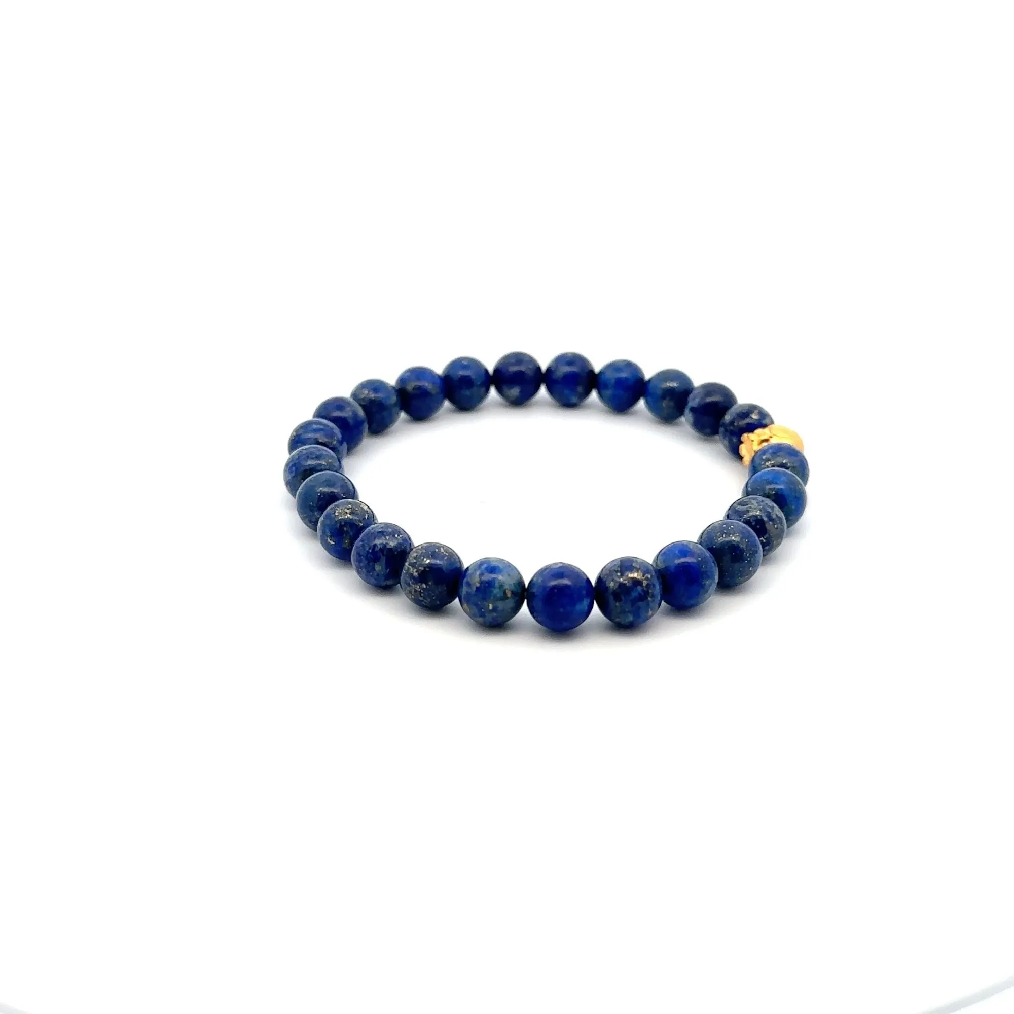 24K Gold Money Bag Lucky Charm Stretchable Bracelet Gemstones Natural Lapis Lazuli 8mm Size 7"