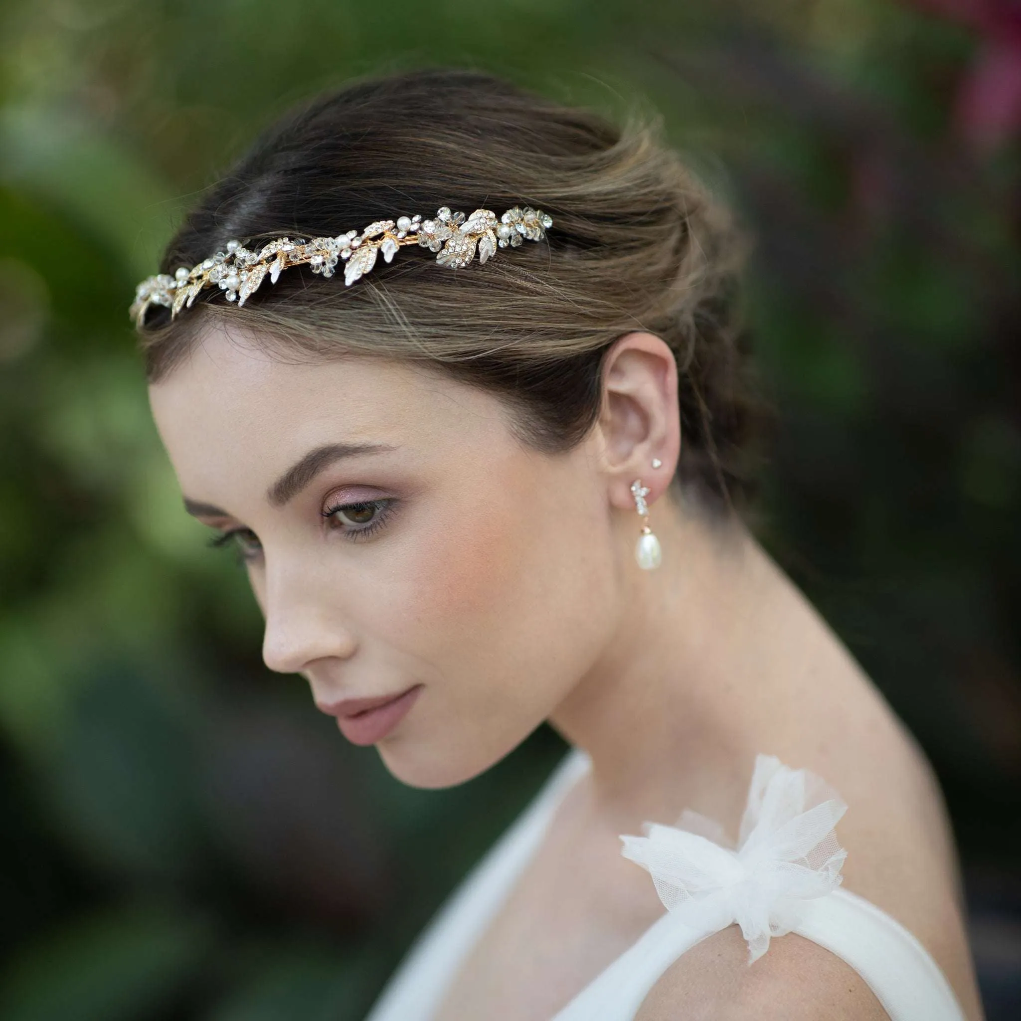 Agneta, Gold Crystal and Pearl Floral and Foliage Tiara Headband