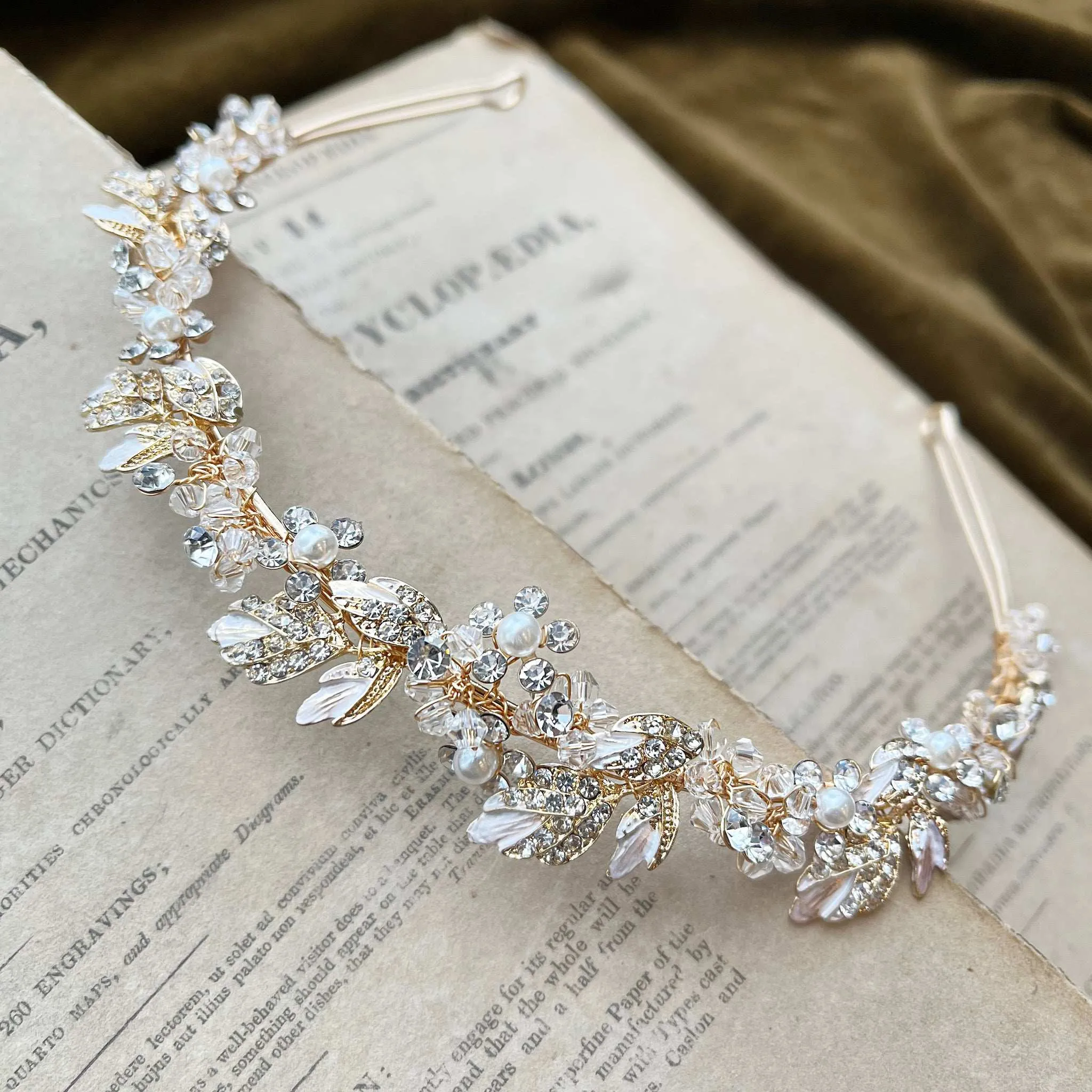 Agneta, Gold Crystal and Pearl Floral and Foliage Tiara Headband
