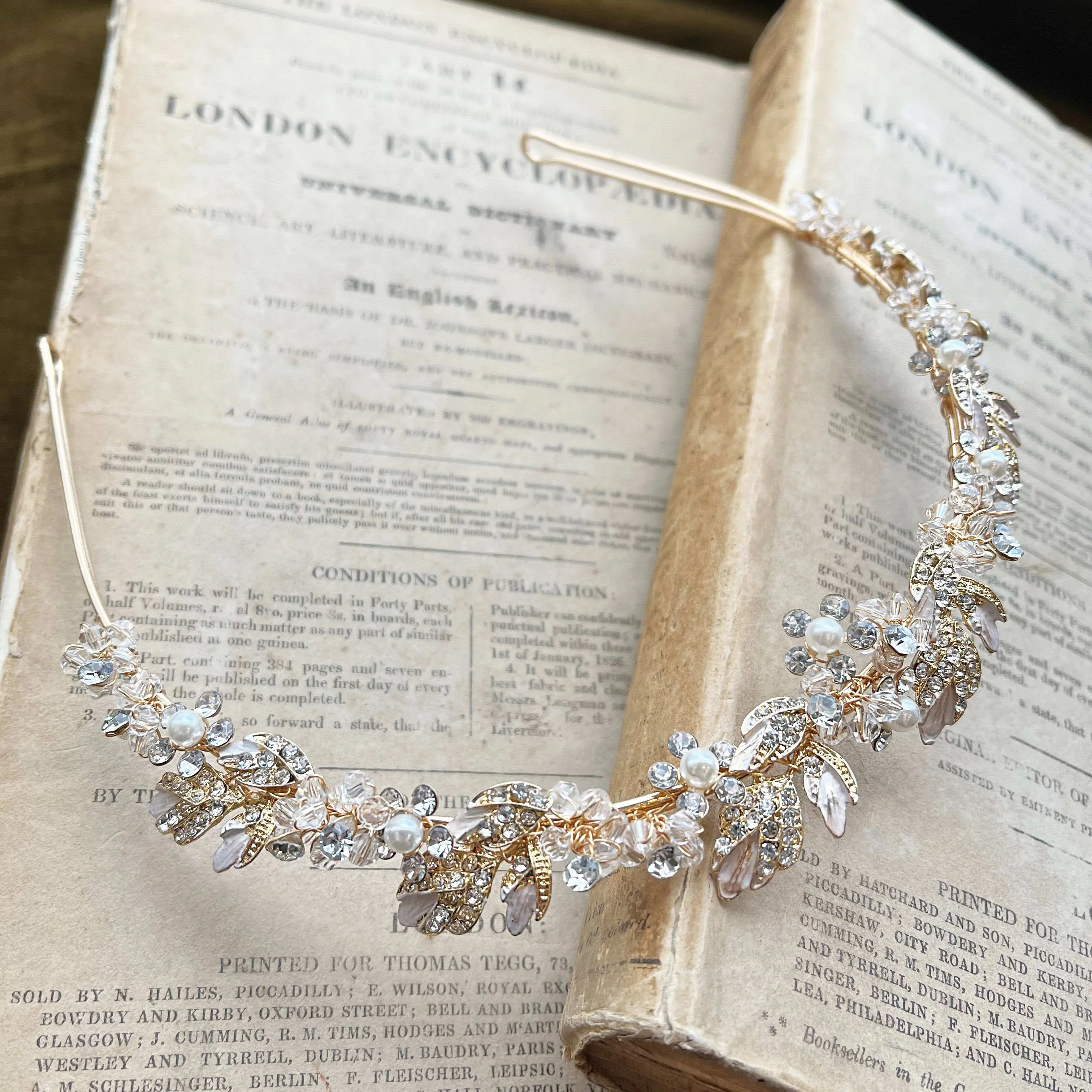 Agneta, Gold Crystal and Pearl Floral and Foliage Tiara Headband