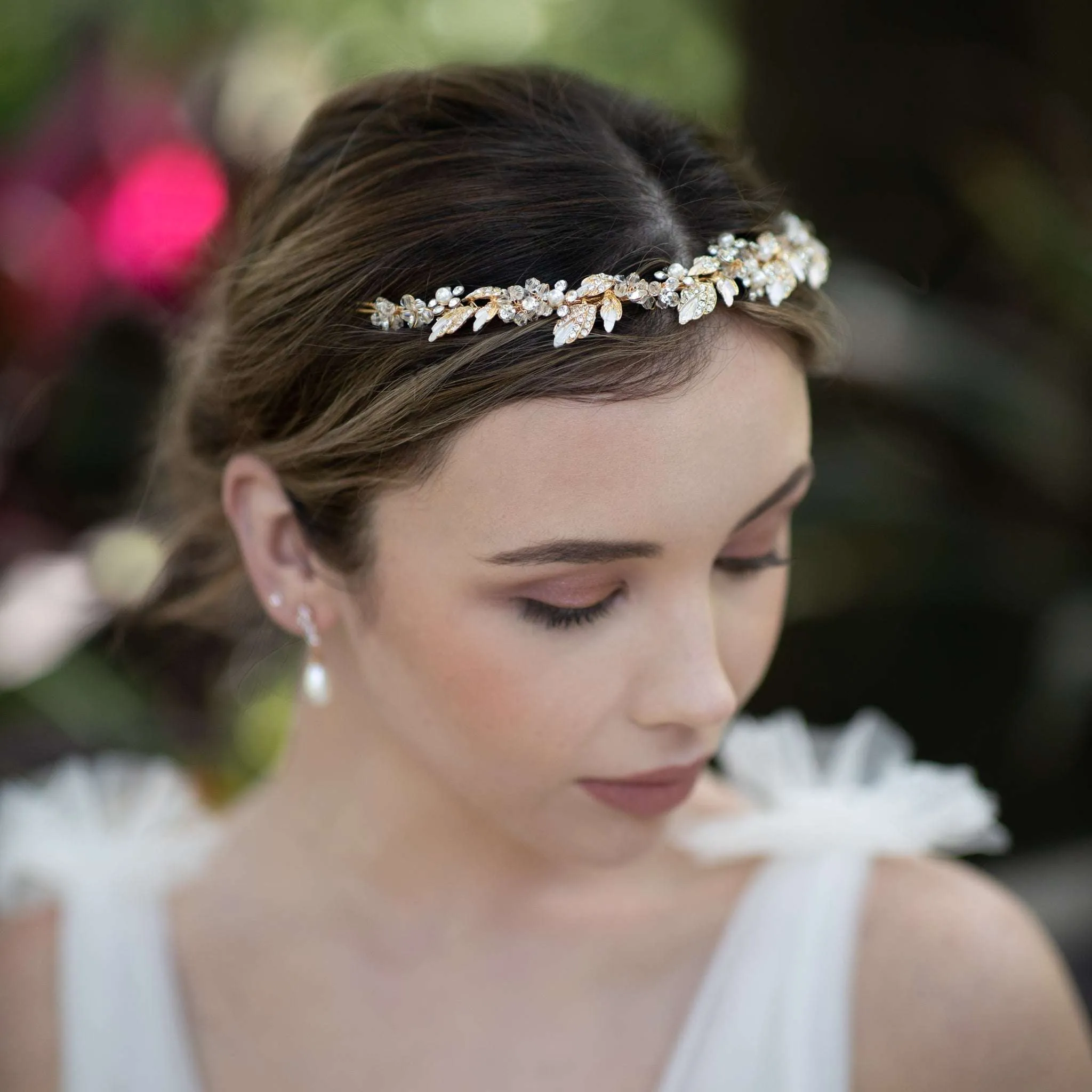 Agneta, Gold Crystal and Pearl Floral and Foliage Tiara Headband