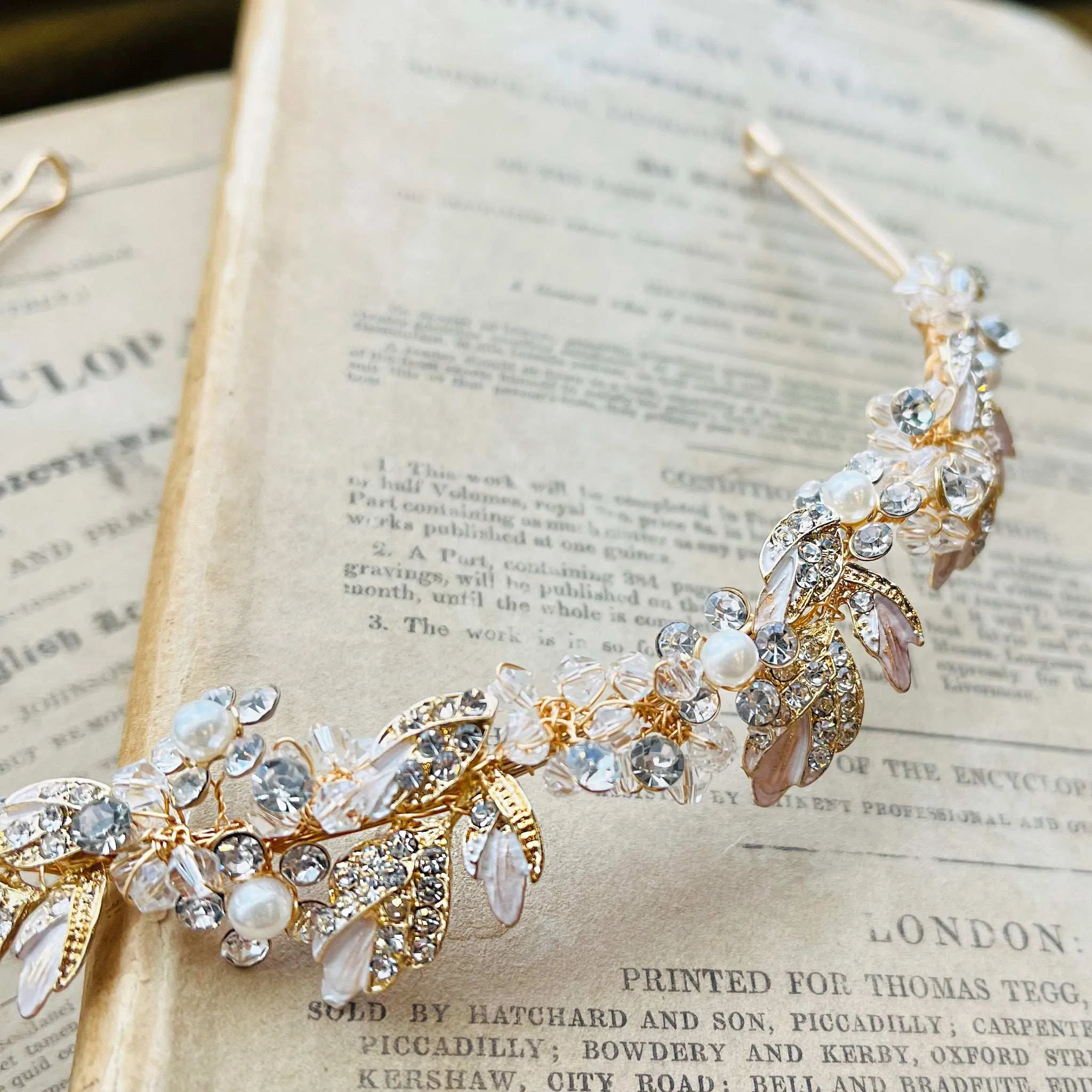 Agneta, Gold Crystal and Pearl Floral and Foliage Tiara Headband