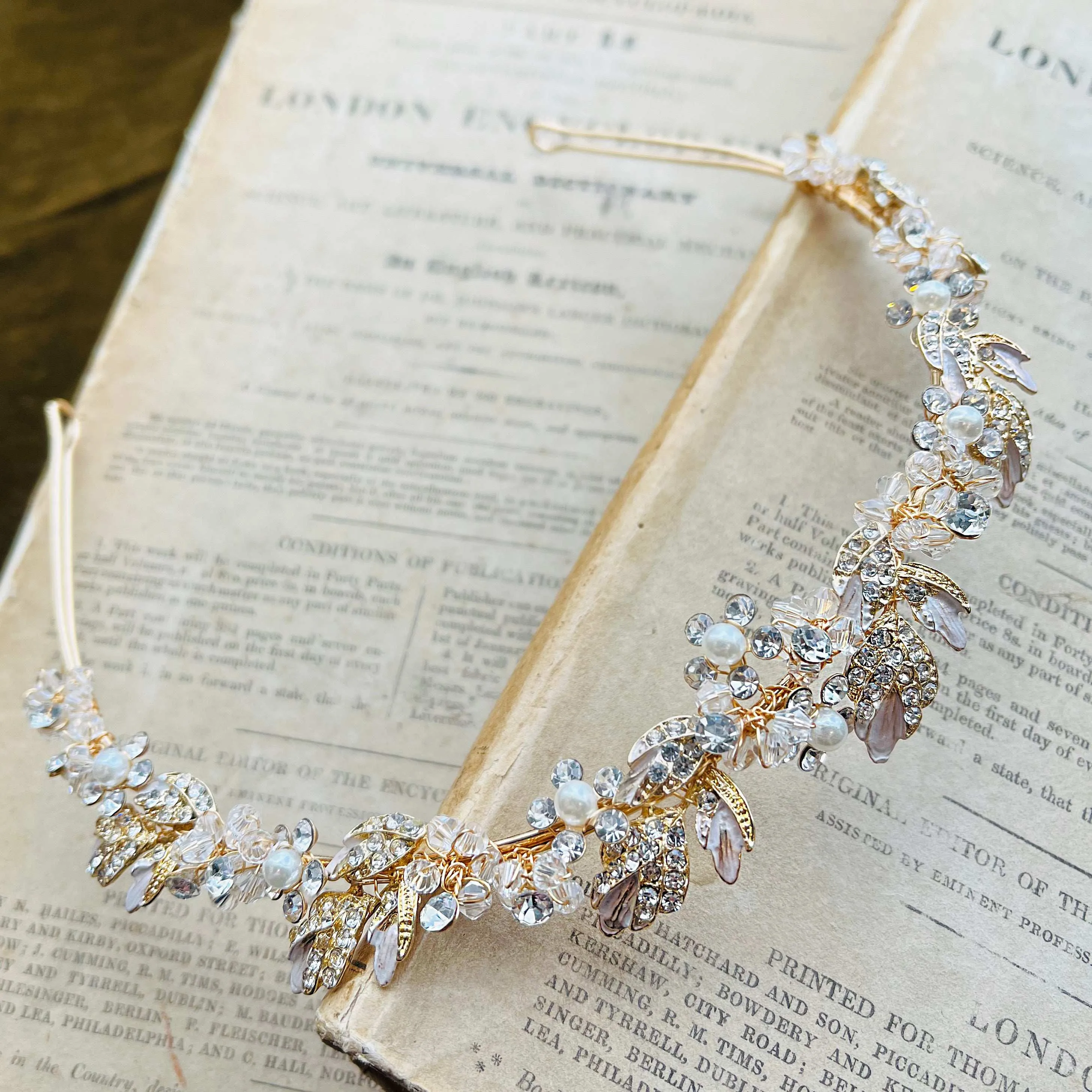 Agneta, Gold Crystal and Pearl Floral and Foliage Tiara Headband