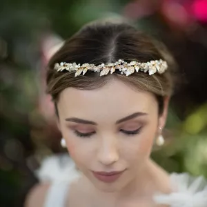 Agneta, Gold Crystal and Pearl Floral and Foliage Tiara Headband