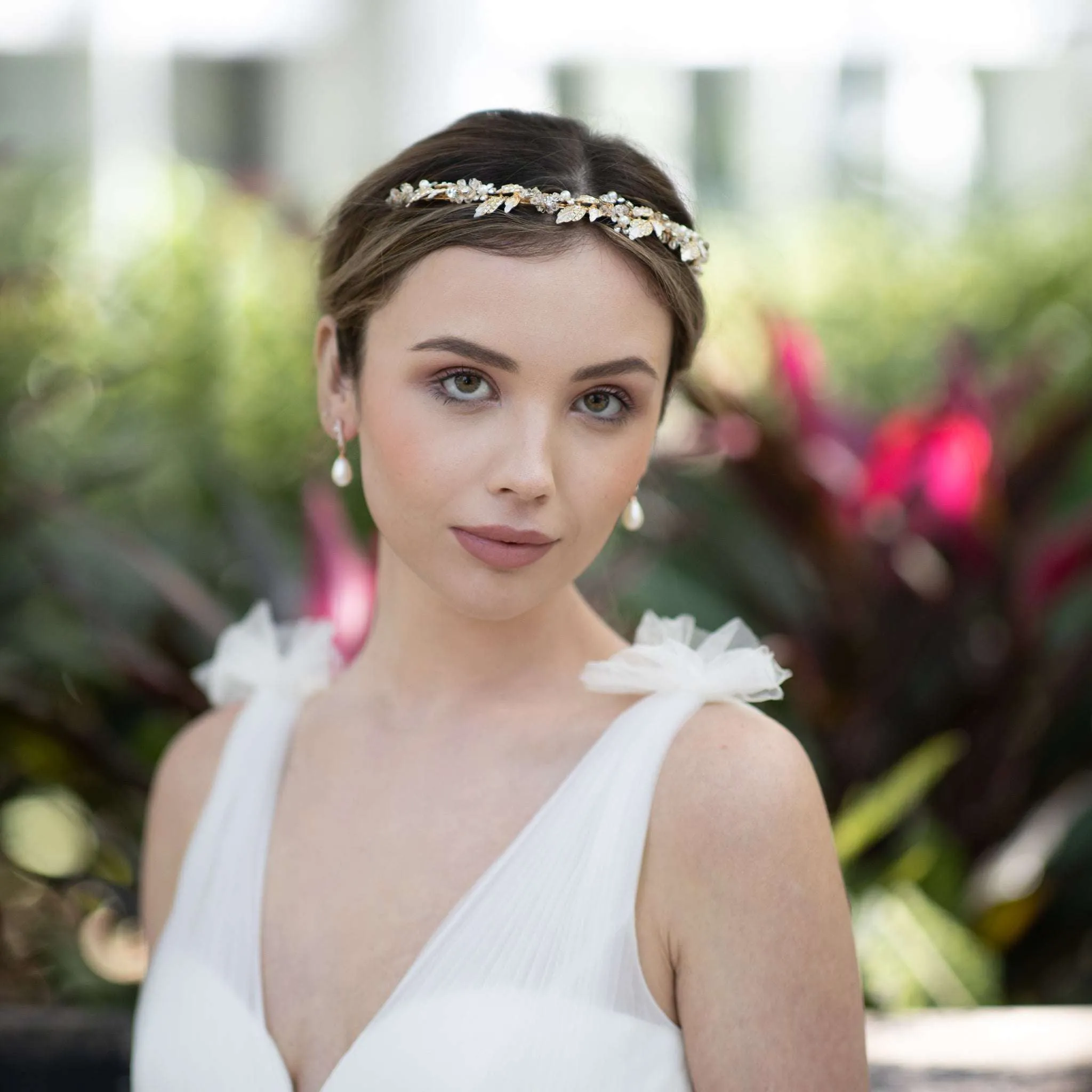 Agneta, Gold Crystal and Pearl Floral and Foliage Tiara Headband