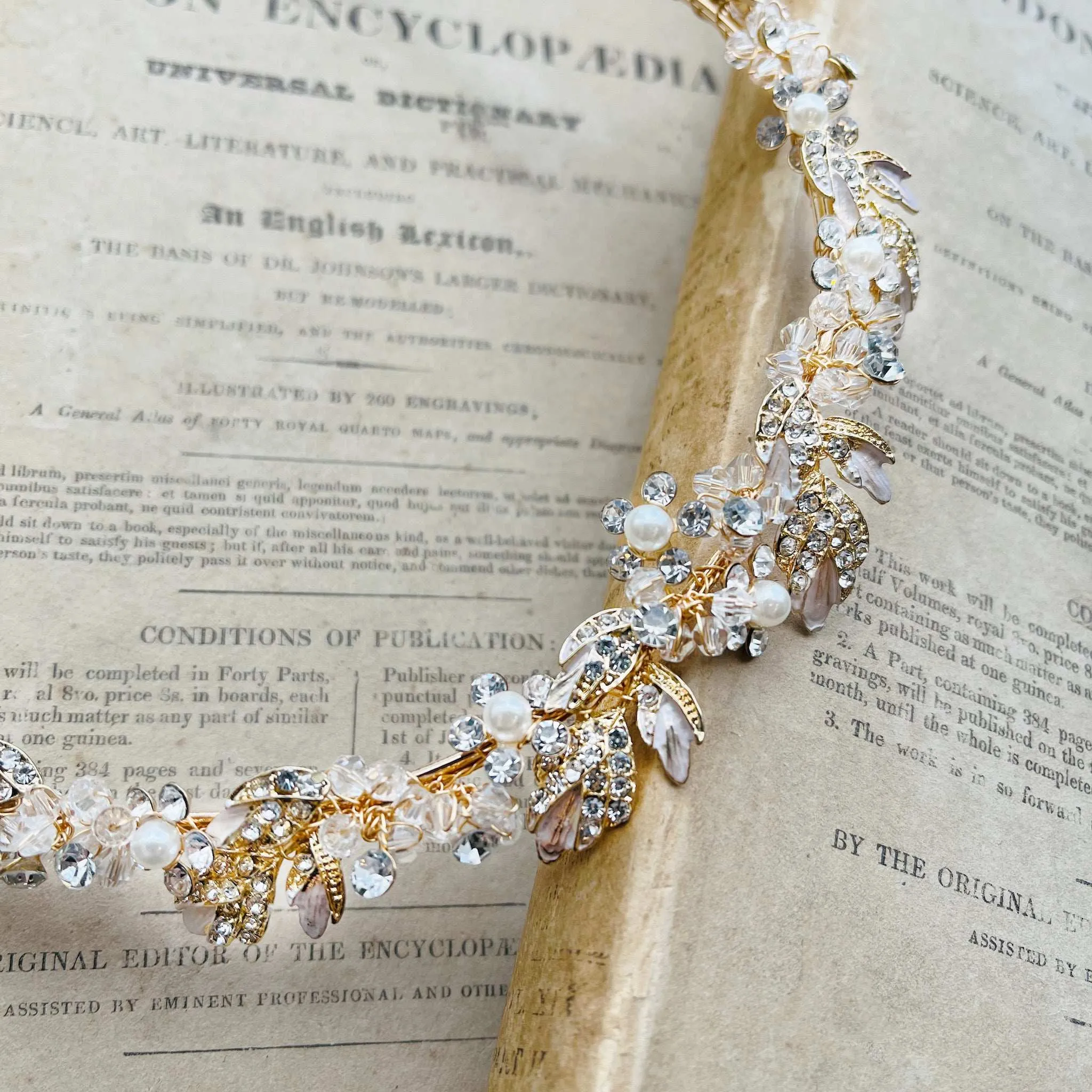Agneta, Gold Crystal and Pearl Floral and Foliage Tiara Headband