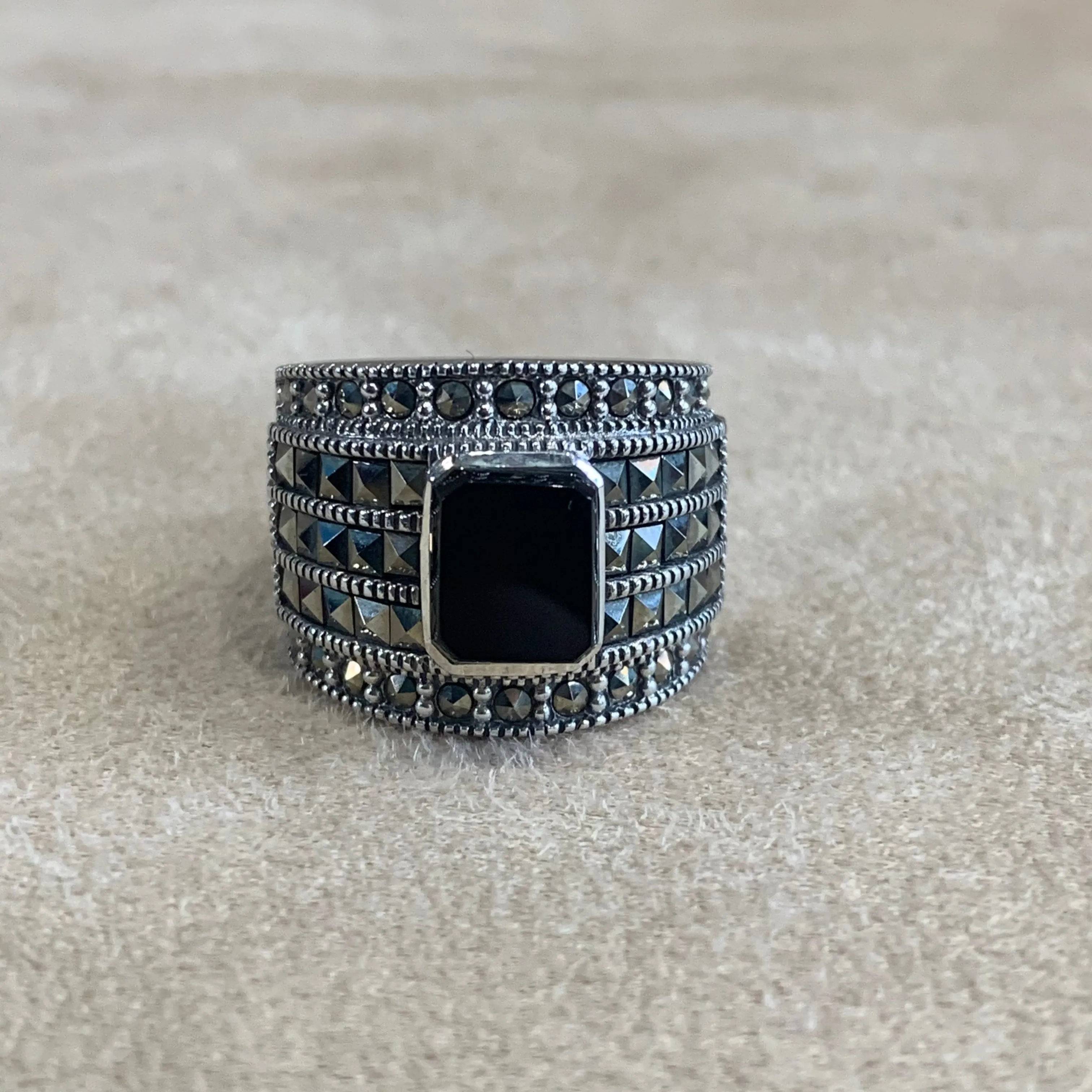 Black Onyx Art Deco sparkly squares Ring
