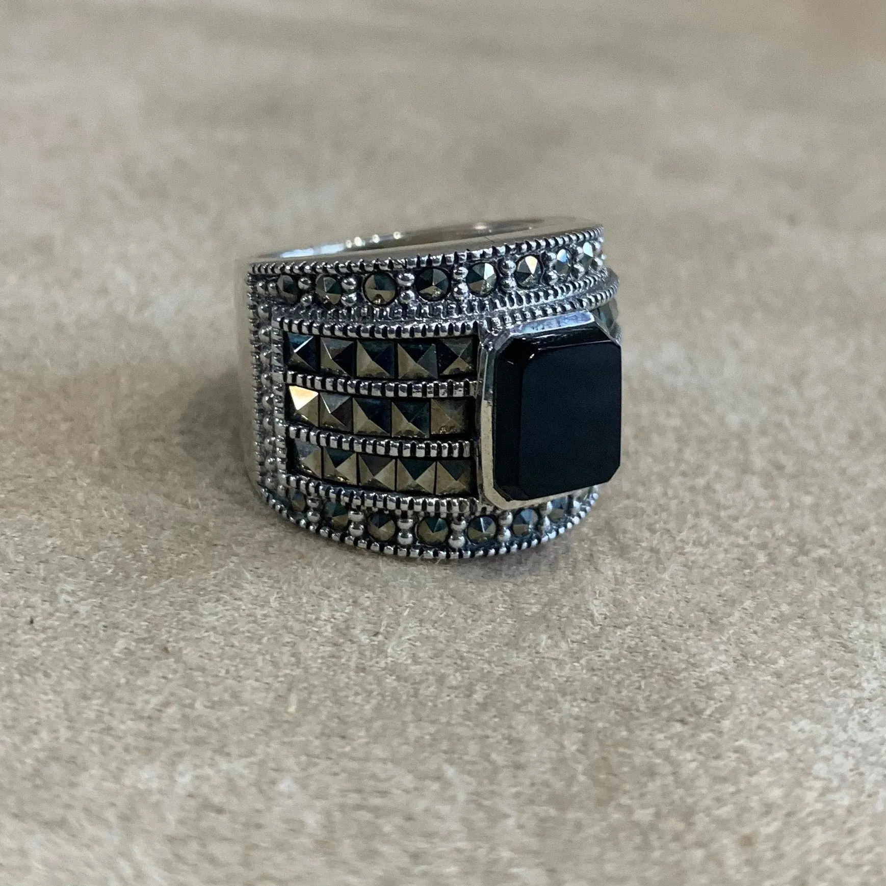 Black Onyx Art Deco sparkly squares Ring