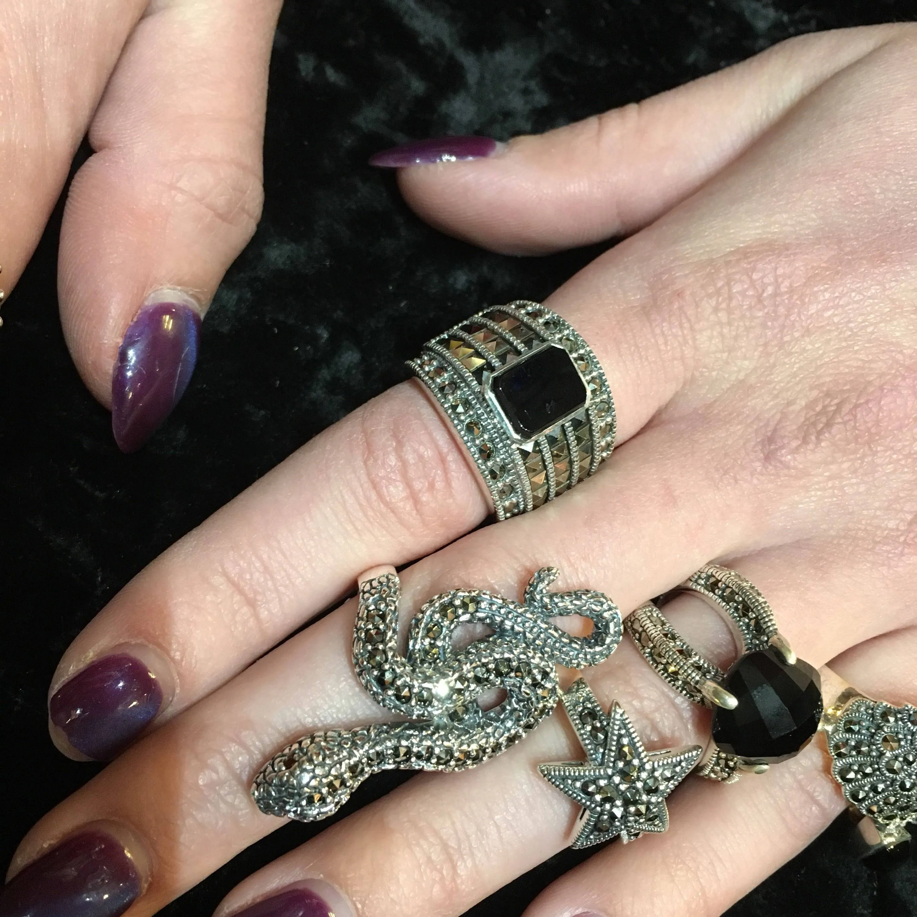 Black Onyx Art Deco sparkly squares Ring