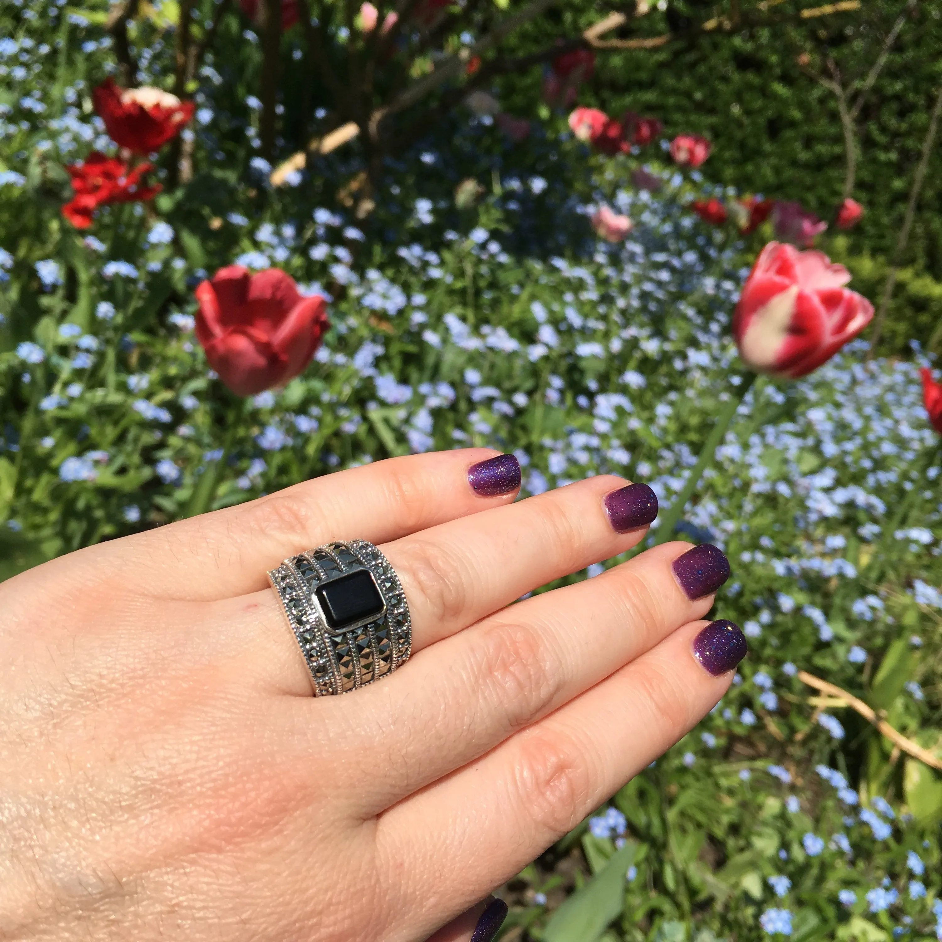 Black Onyx Art Deco sparkly squares Ring