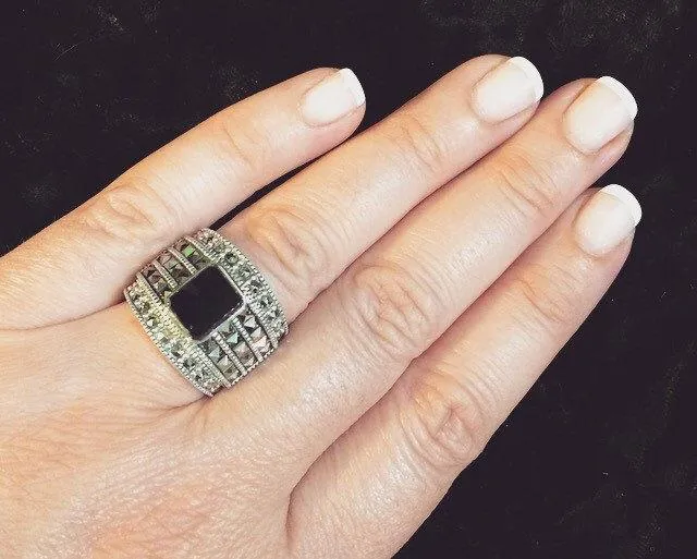 Black Onyx Art Deco sparkly squares Ring
