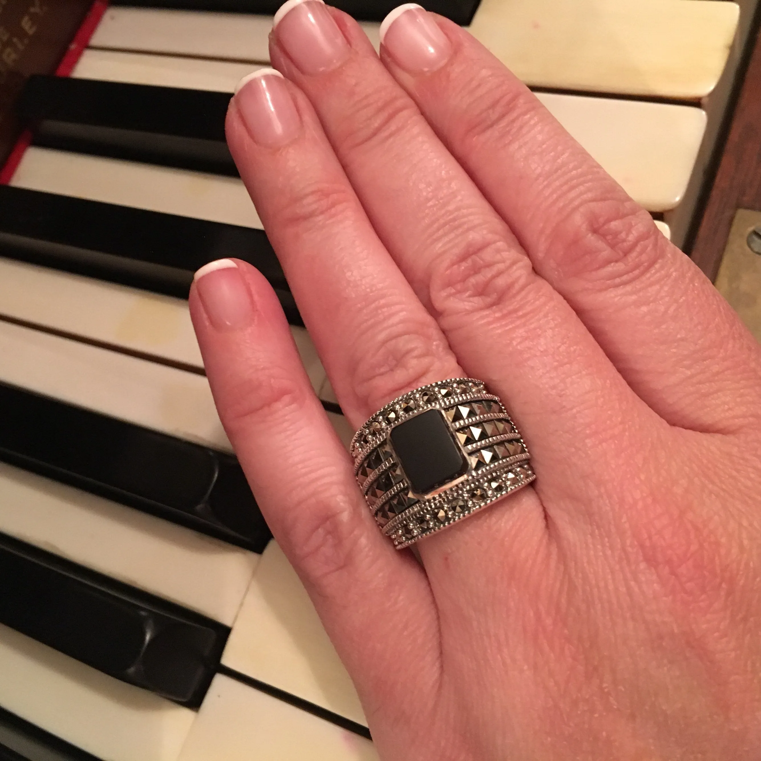 Black Onyx Art Deco sparkly squares Ring