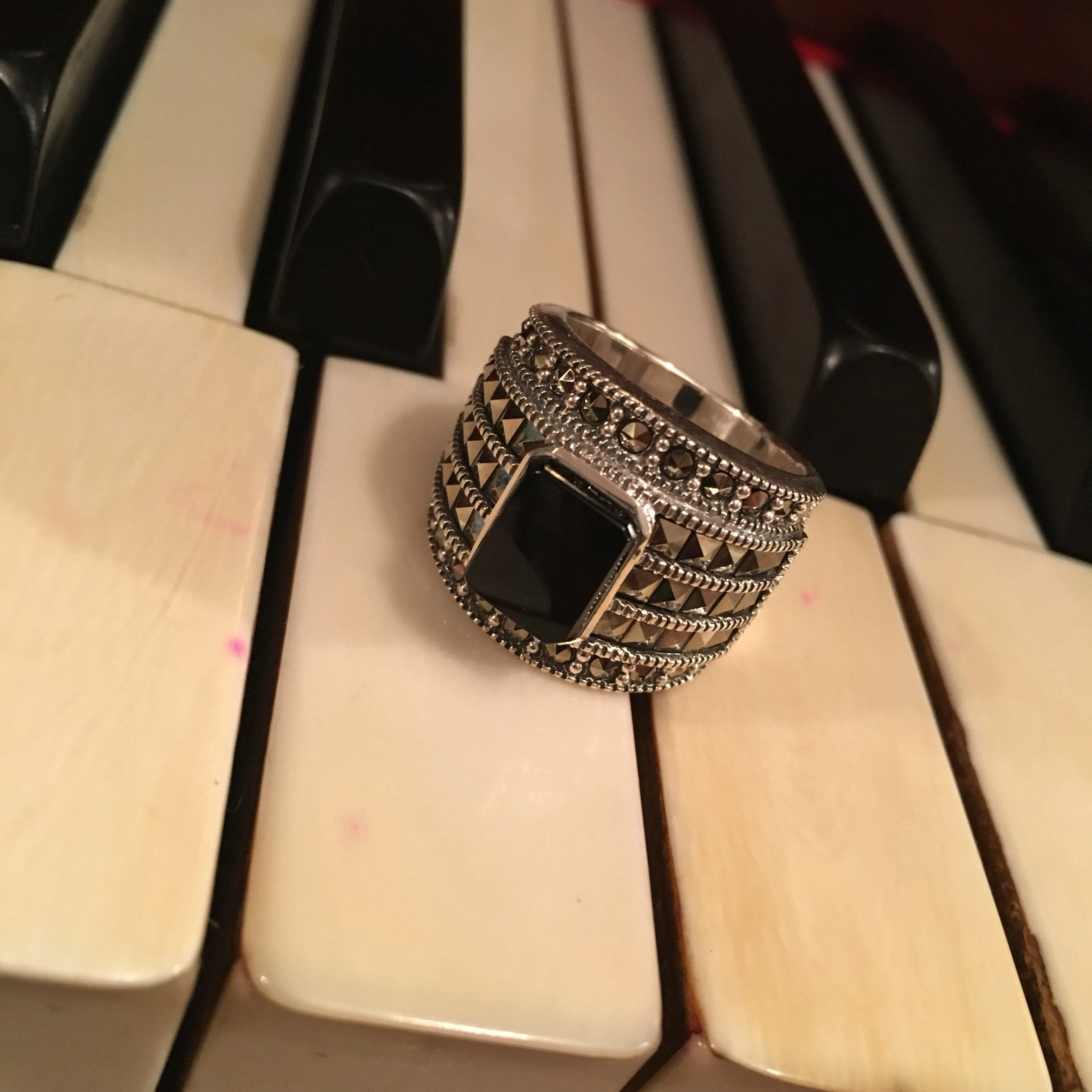 Black Onyx Art Deco sparkly squares Ring