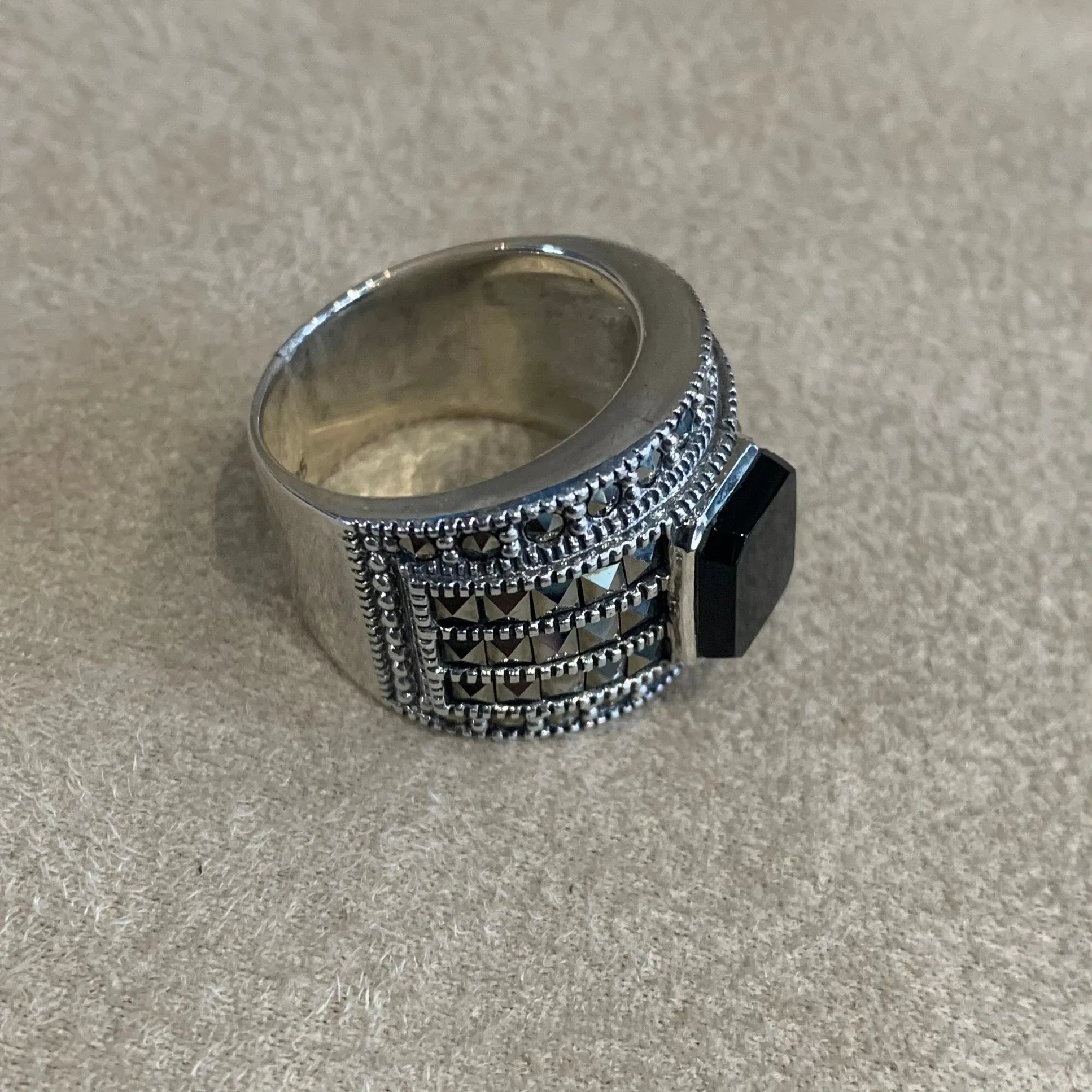 Black Onyx Art Deco sparkly squares Ring