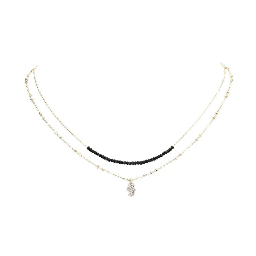 Brass Metal CZ Hamsa Hand Pendant Necklace Cubic Zirconia