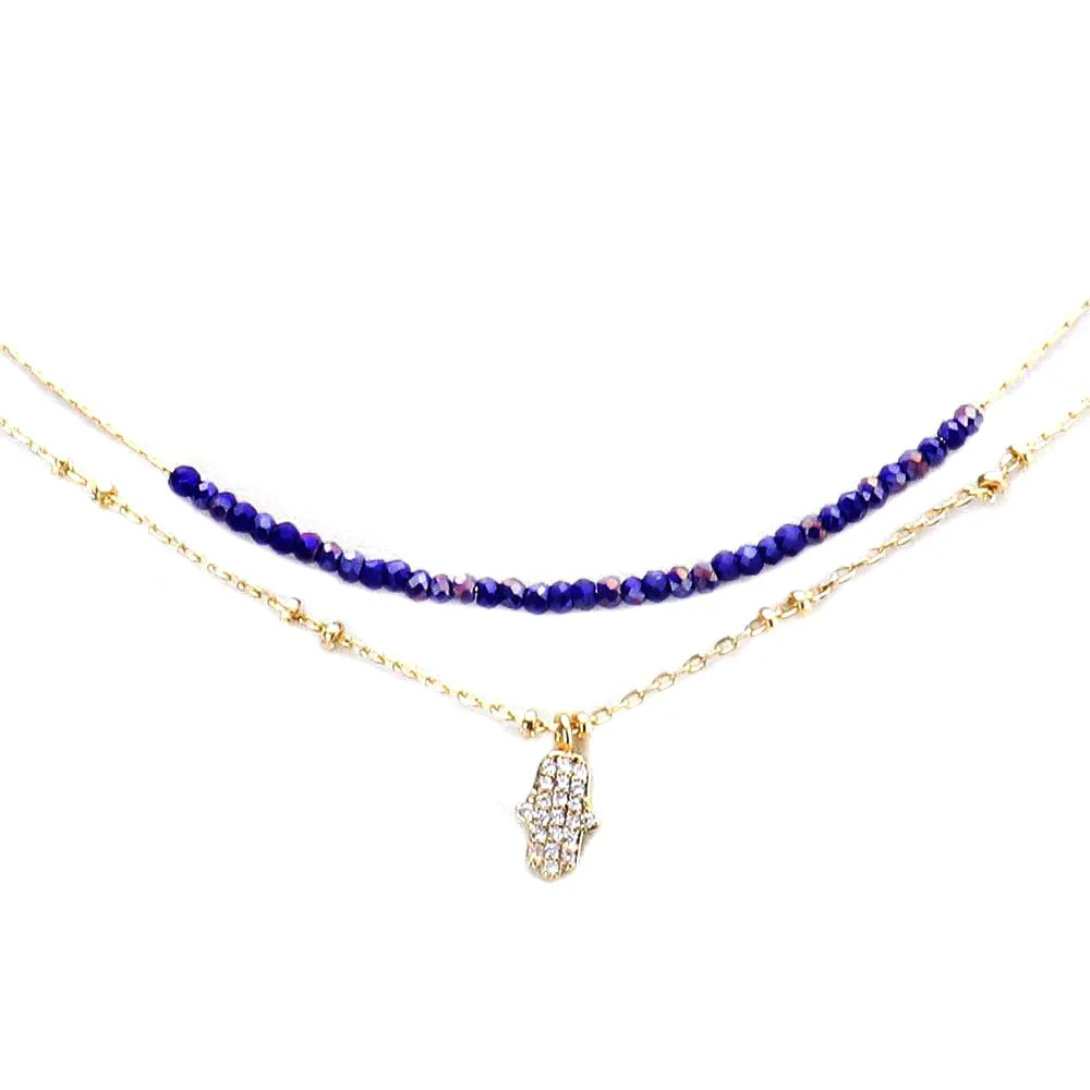 Brass Metal CZ Hamsa Hand Pendant Necklace Cubic Zirconia