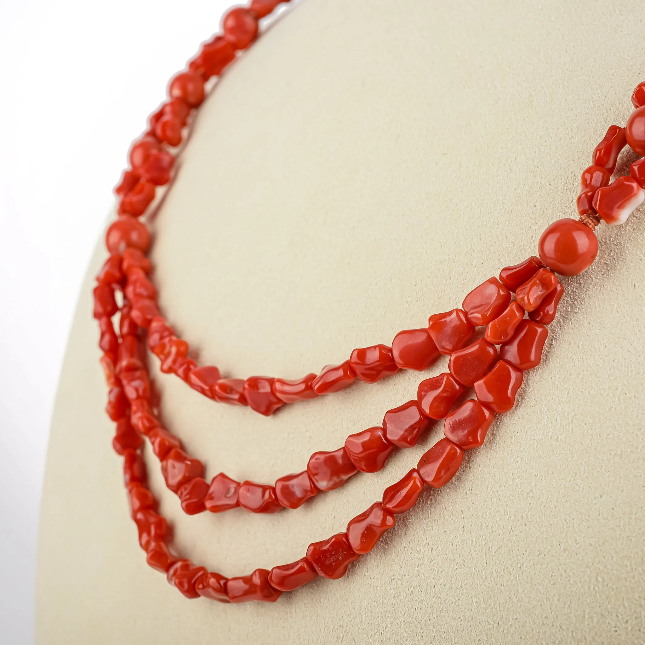 Chinese Export Coral Woven 3 Strand Necklace