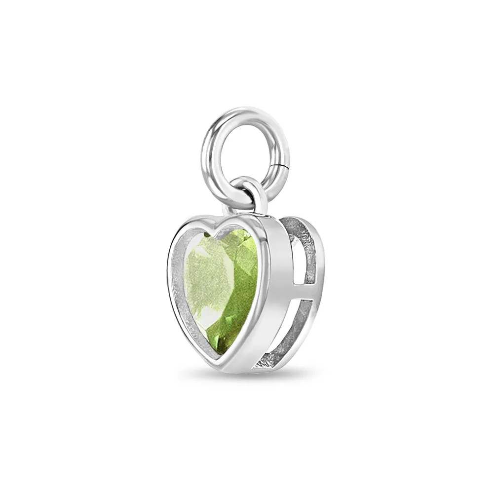 CZ Birthstone Heart Charm August – Peridot Kids / Children's / Girls for Charm Bracelet - Sterling Silver
