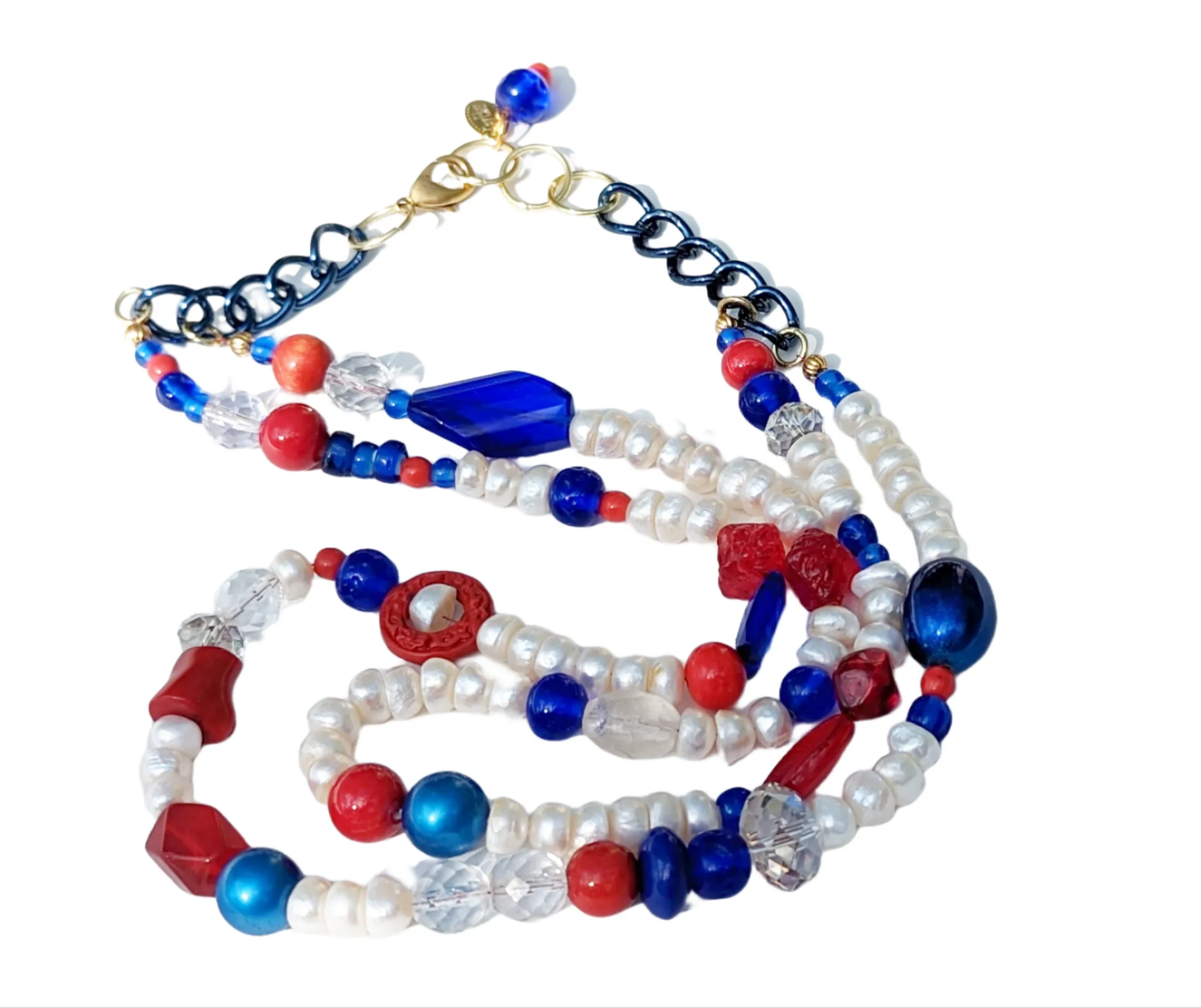 Election Collection Pearls 2 strands Red White Blue Statement Necklace 24 inches Gay Isber