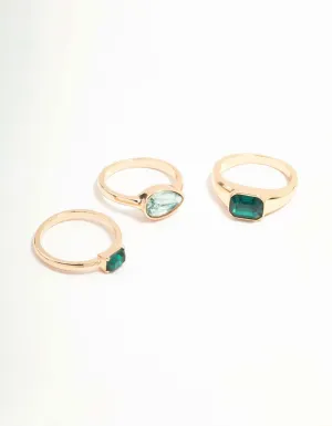 Green Diamante Gold Rings 3-Pack