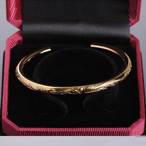 Hawaiian Jewelry Scrolling Plumeria Engraving Round Band Cuff Bangle 5.5mm (Silver/Yellow Gold/Pink Gold)