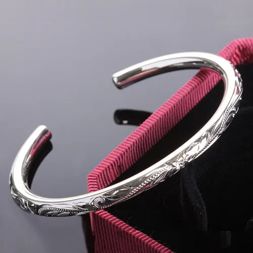 Hawaiian Jewelry Scrolling Plumeria Engraving Round Band Cuff Bangle 5.5mm (Silver/Yellow Gold/Pink Gold)