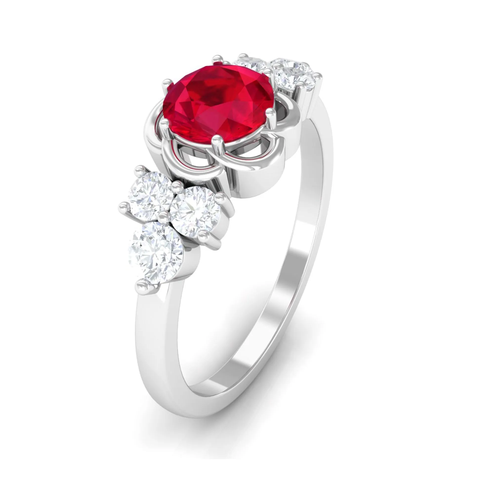 Lab Grown Ruby Flower Ring with Diamond Trio