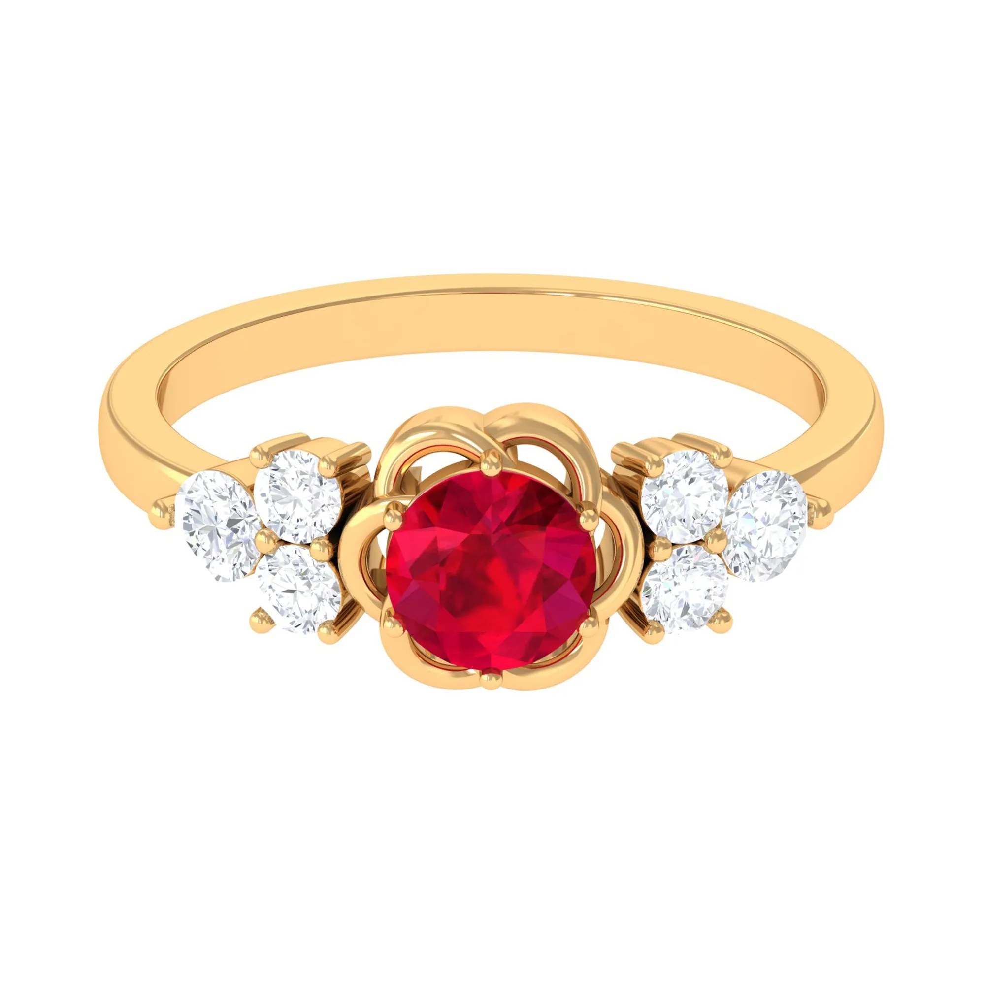 Lab Grown Ruby Flower Ring with Diamond Trio