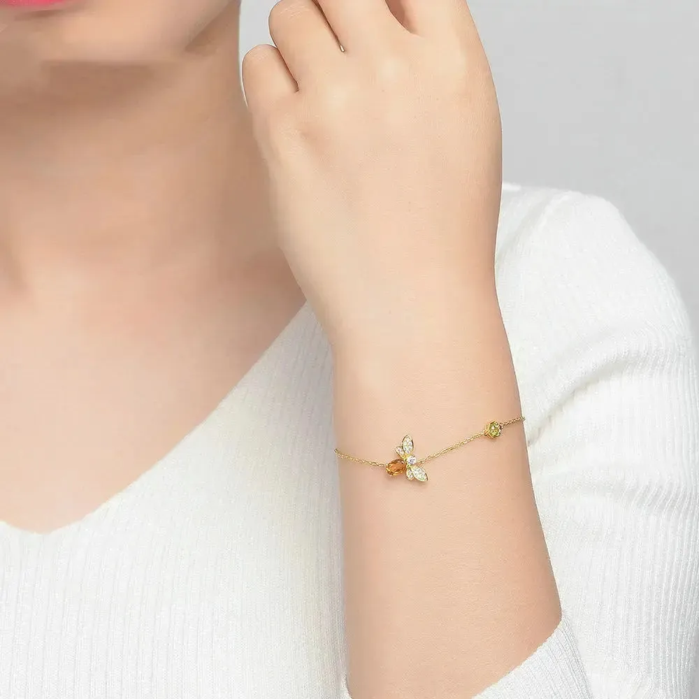 LOVCIA 14K Yellow Gold Plated Popular Bee Bracelet with Oval Citrine and Green Peridot, Adjustable Chain