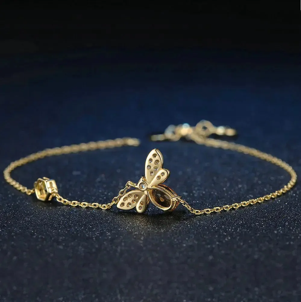 LOVCIA 14K Yellow Gold Plated Popular Bee Bracelet with Oval Citrine and Green Peridot, Adjustable Chain