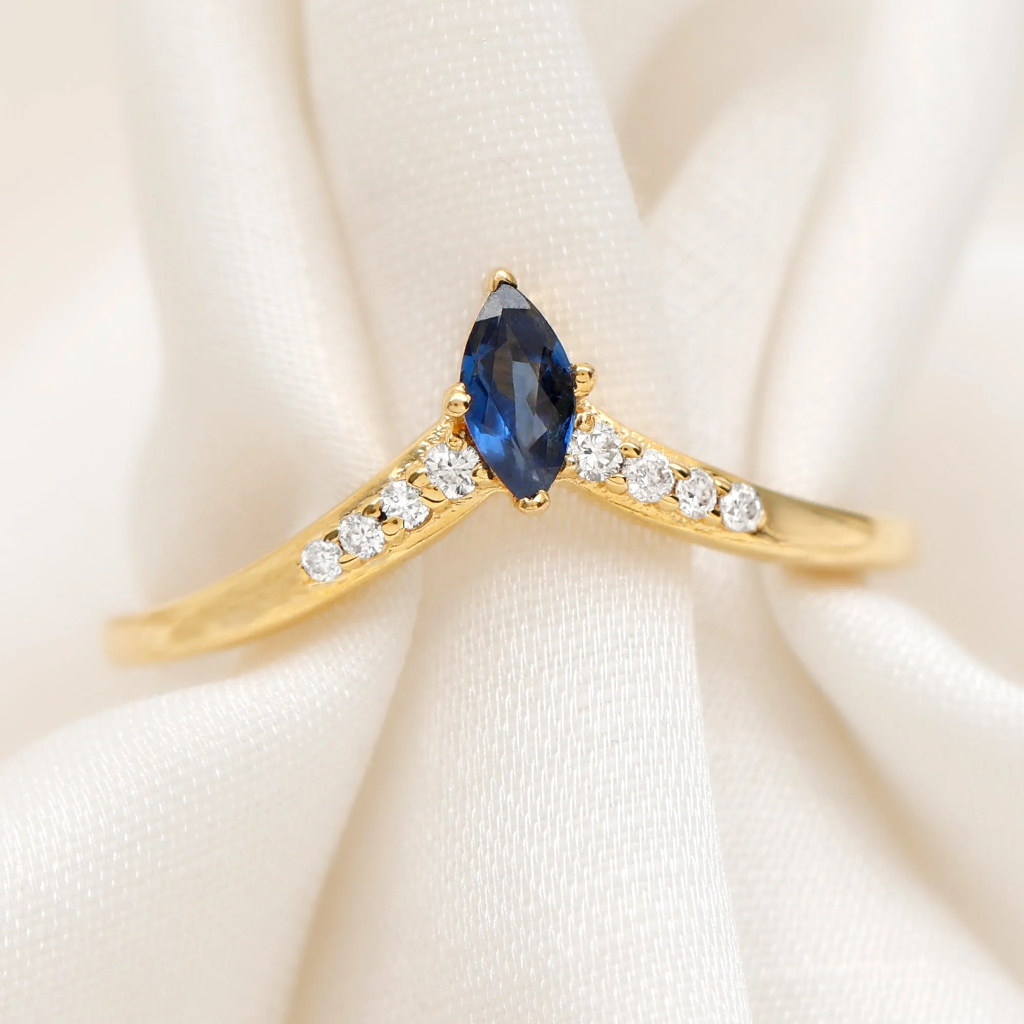 Marquise Cut Blue Sapphire and Diamond V Shape Enhancer Ring