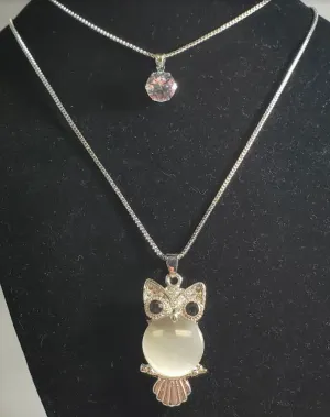 N961 Silver Moonstone Owl Necklace with FREE Earrings