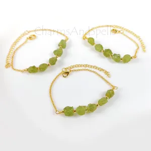 Natural Raw Peridot Gemstone Bracelet, Gold Plated Bracelet, August Birthstone Jewelry, Layering Friendship Bracelet, Adjustable Bracelet,