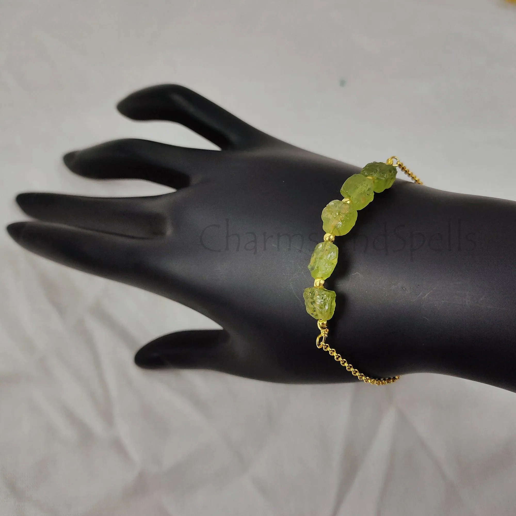 Natural Raw Peridot Gemstone Bracelet, Gold Plated Bracelet, August Birthstone Jewelry, Layering Friendship Bracelet, Adjustable Bracelet,