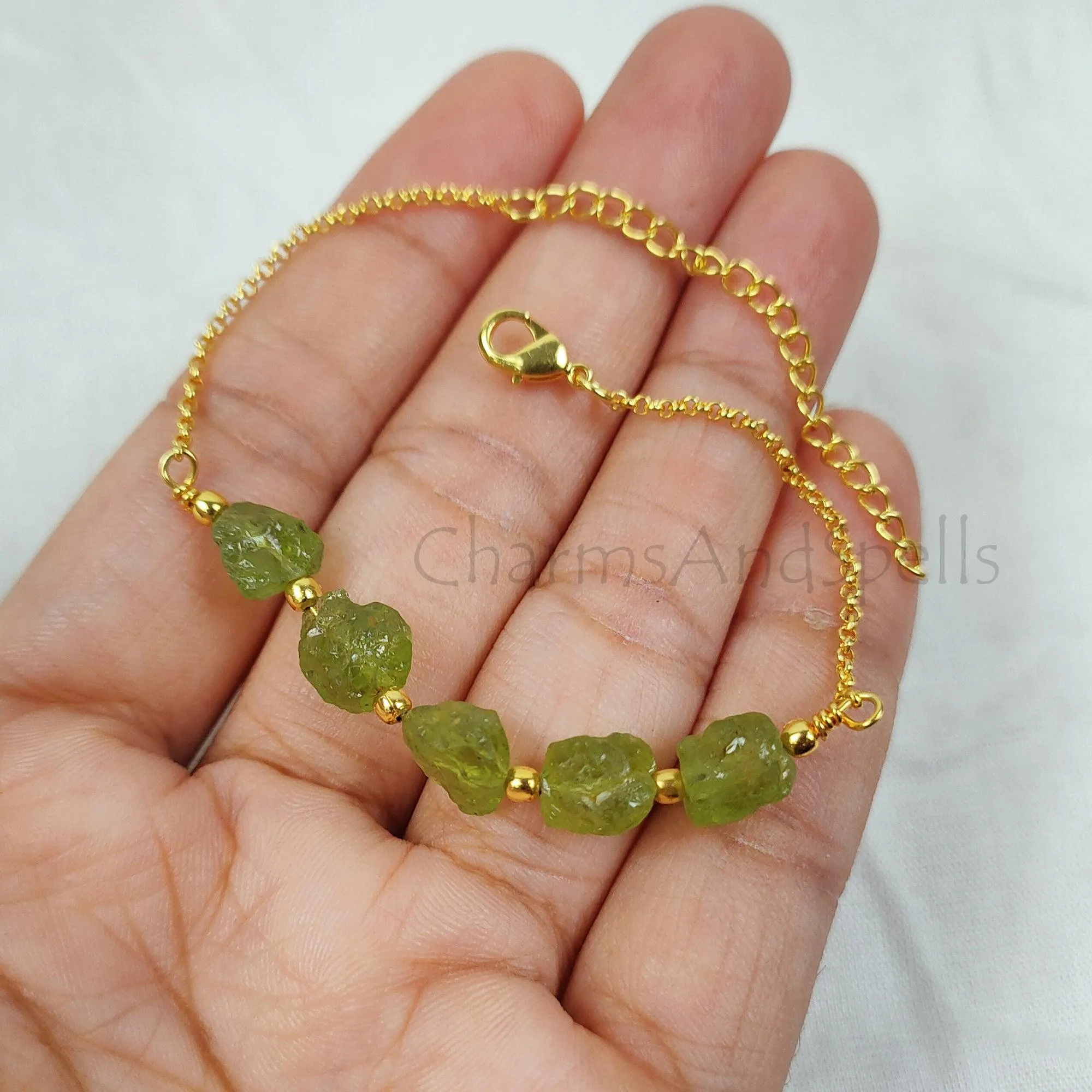 Natural Raw Peridot Gemstone Bracelet, Gold Plated Bracelet, August Birthstone Jewelry, Layering Friendship Bracelet, Adjustable Bracelet,