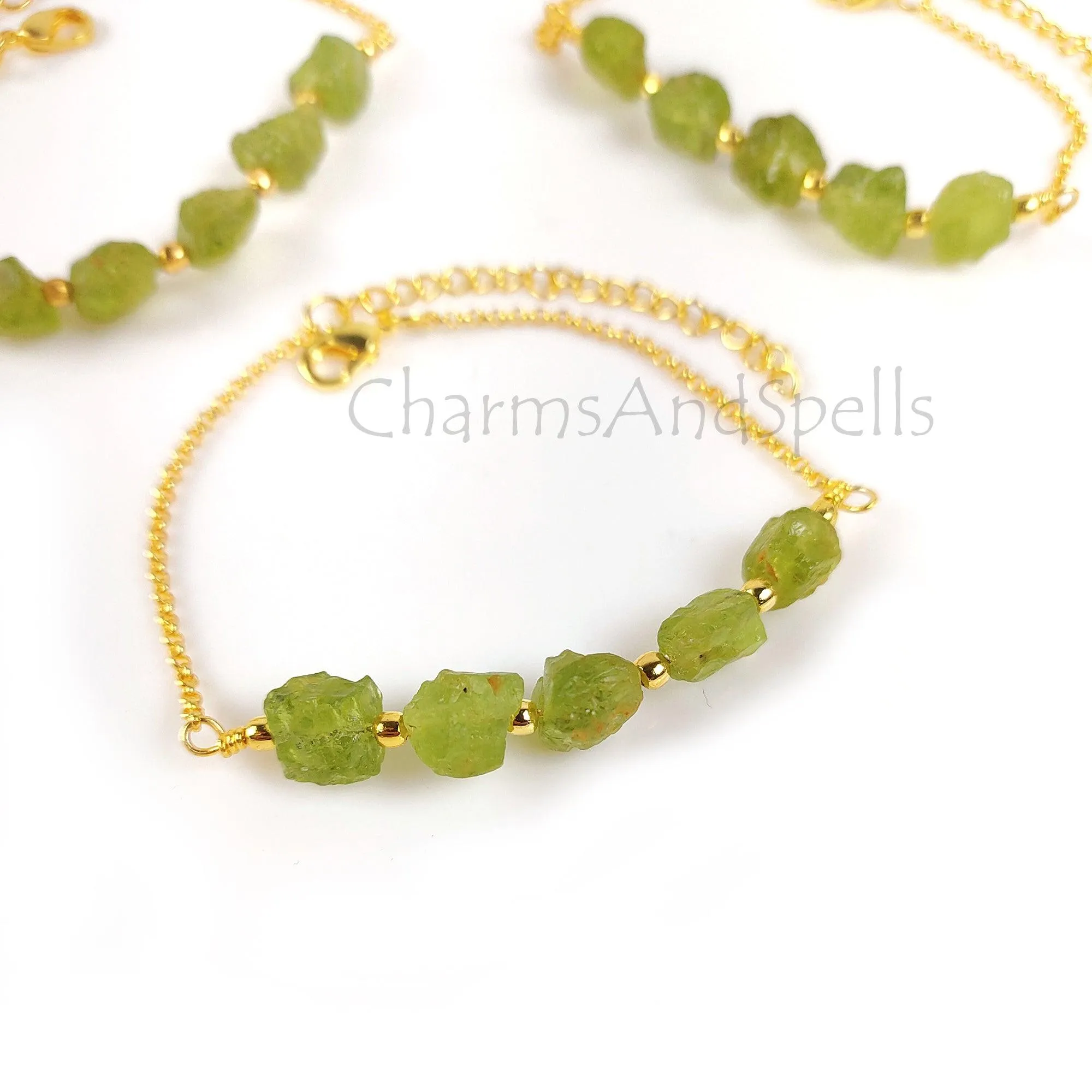 Natural Raw Peridot Gemstone Bracelet, Gold Plated Bracelet, August Birthstone Jewelry, Layering Friendship Bracelet, Adjustable Bracelet,