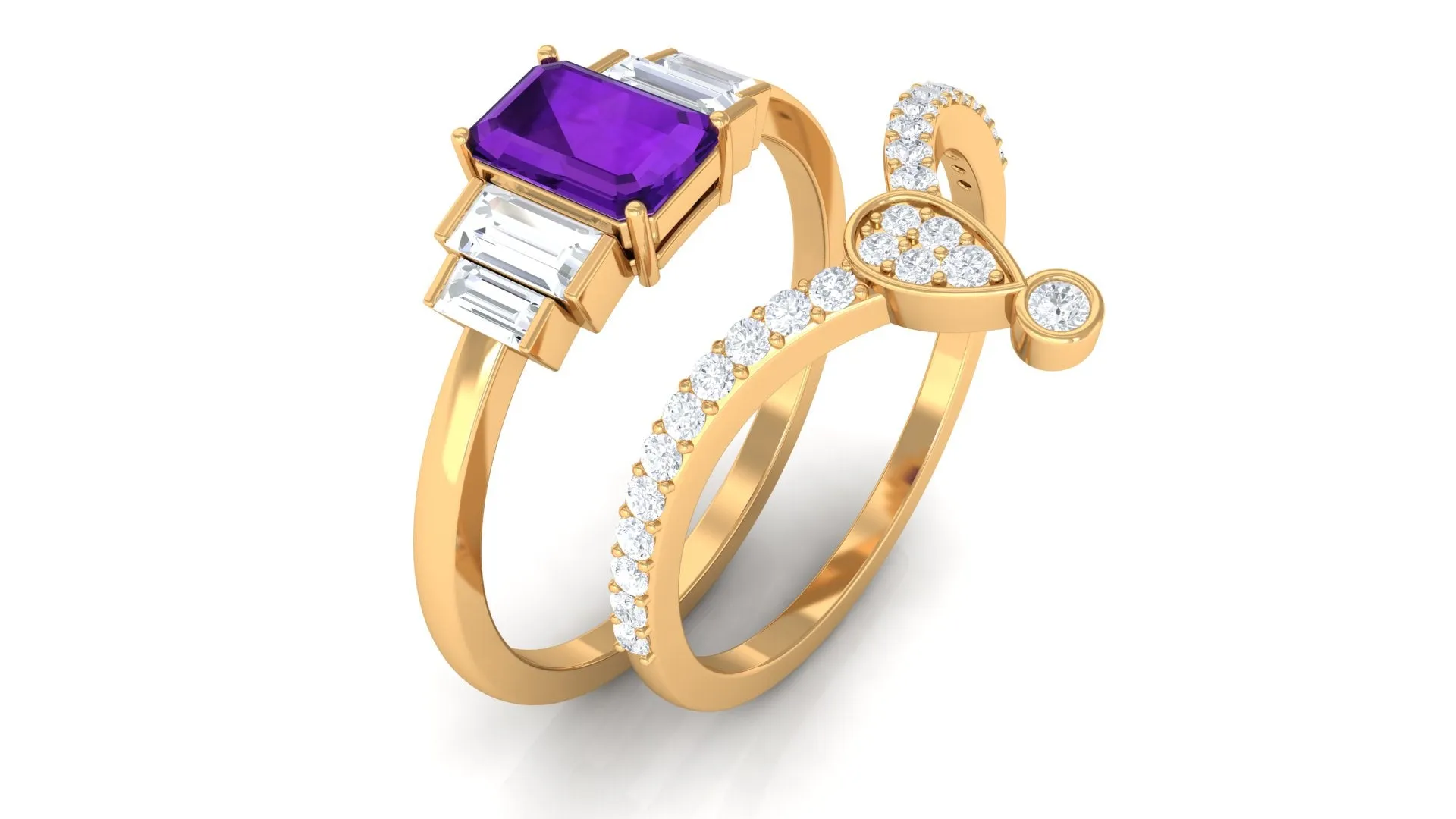 Octagon Amethyst and Moissanite Ring Set